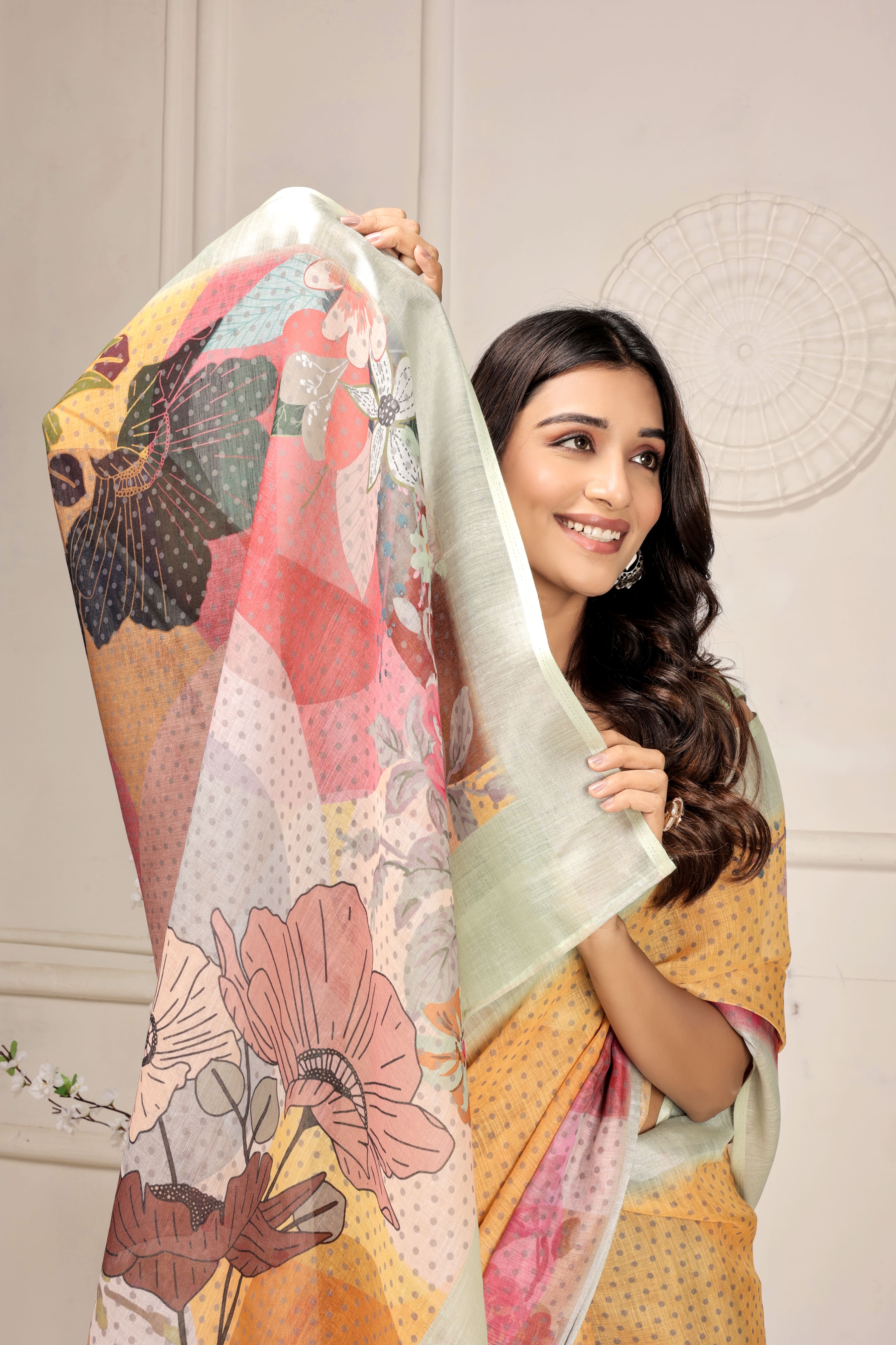 Digital Printed Linen Blend Saree with Zari Border