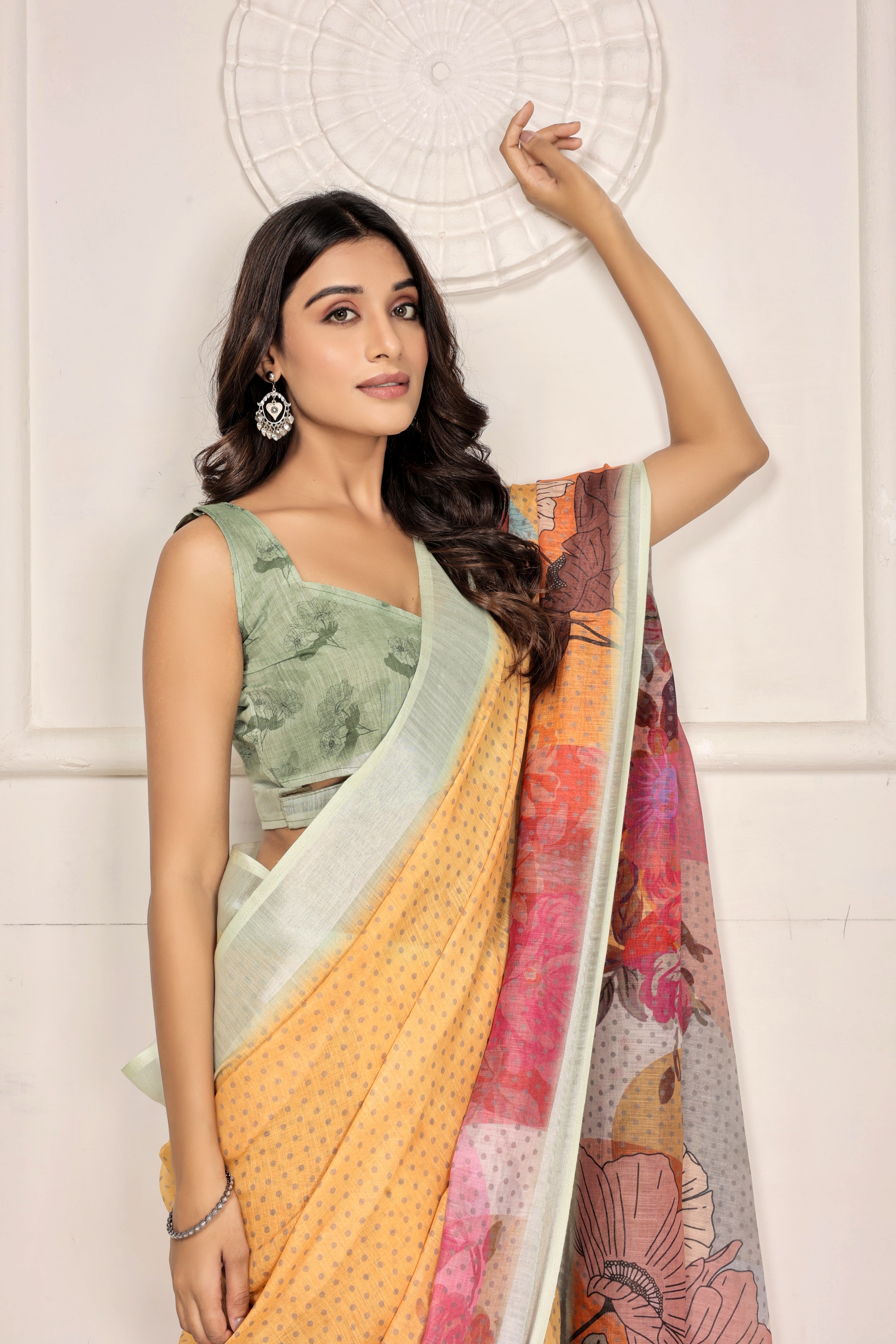 Digital Printed Linen Blend Saree with Zari Border