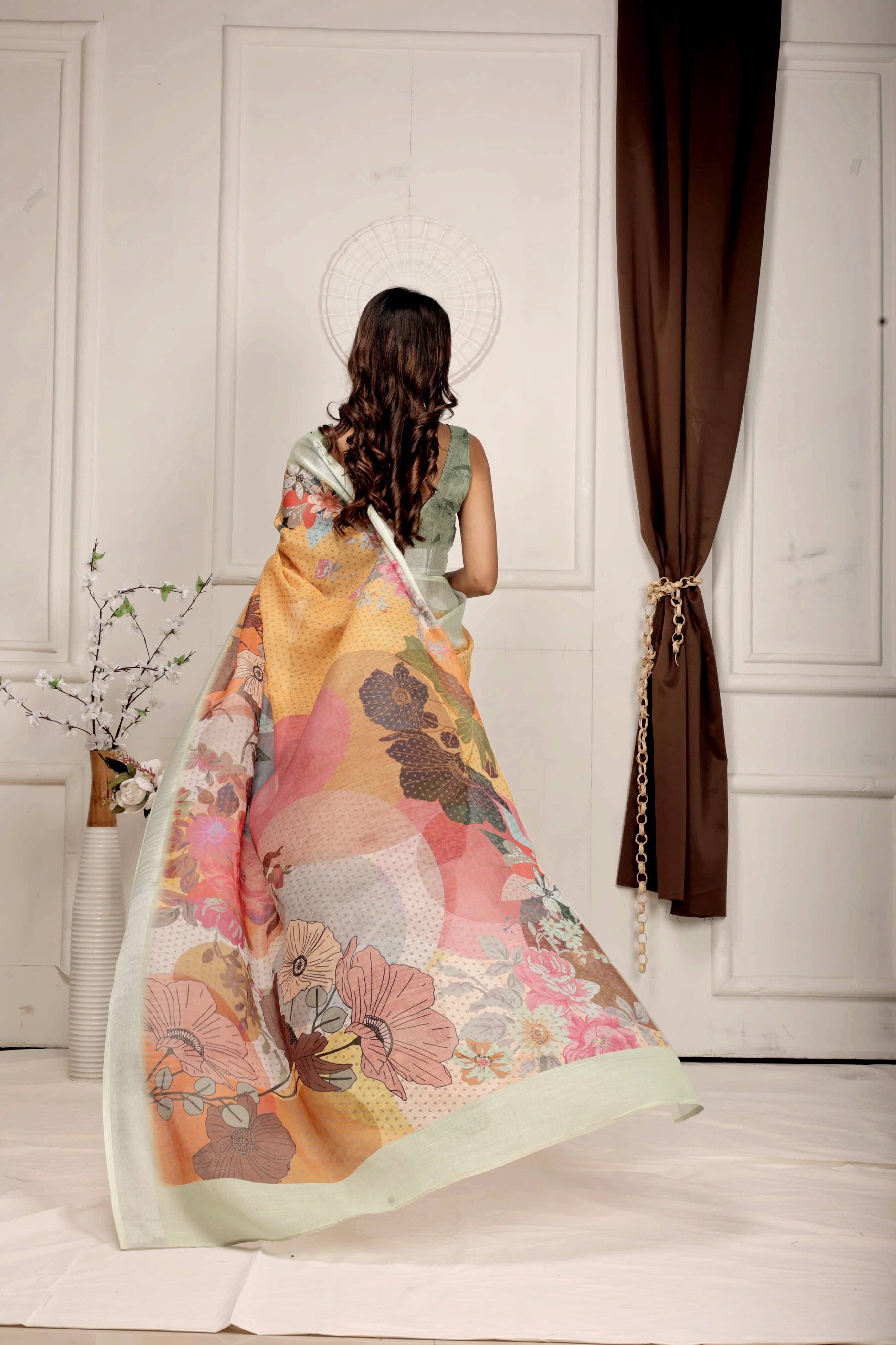 Digital Printed Linen Blend Saree with Zari Border