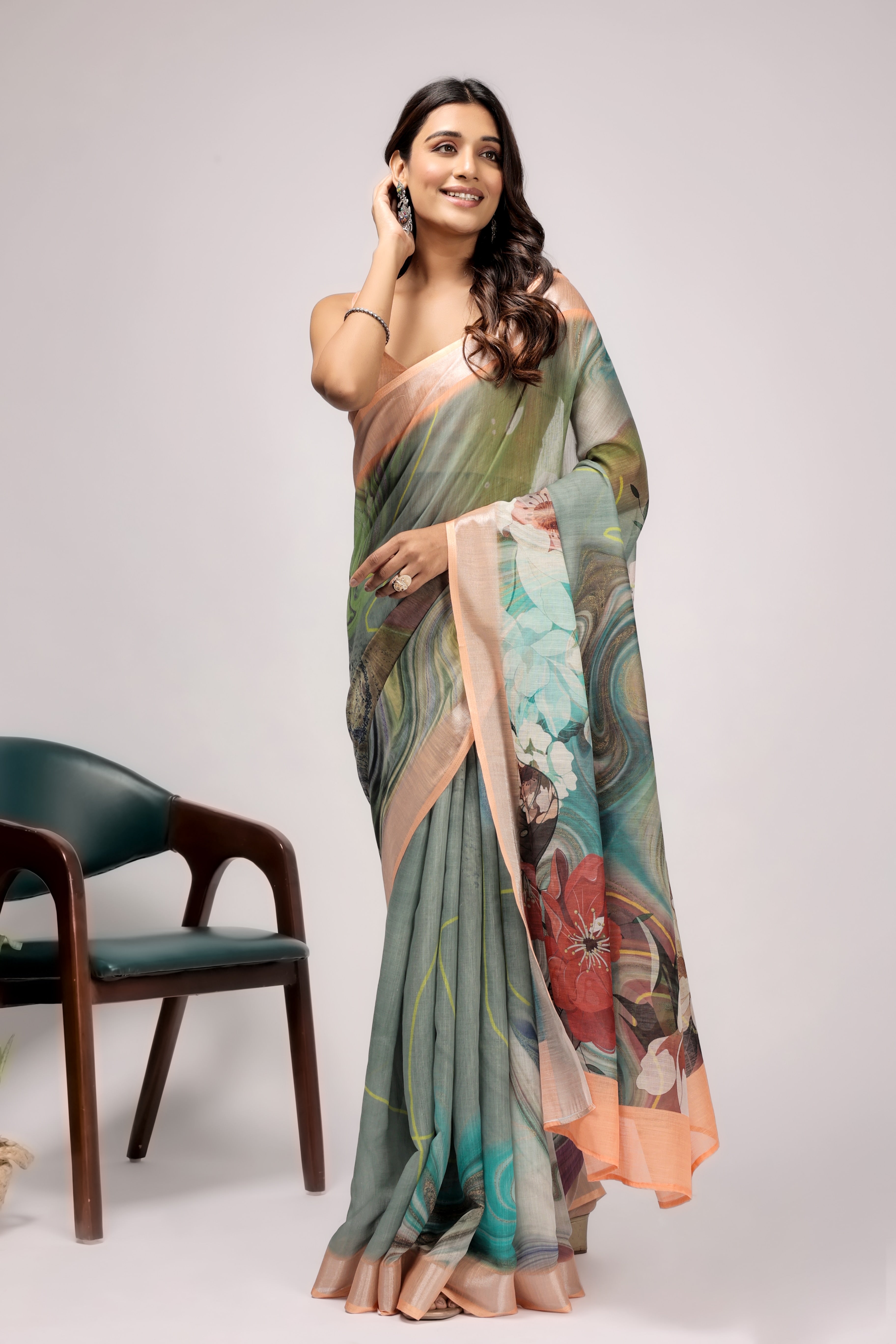 Digital Printed Linen Blend Saree with Zari Border