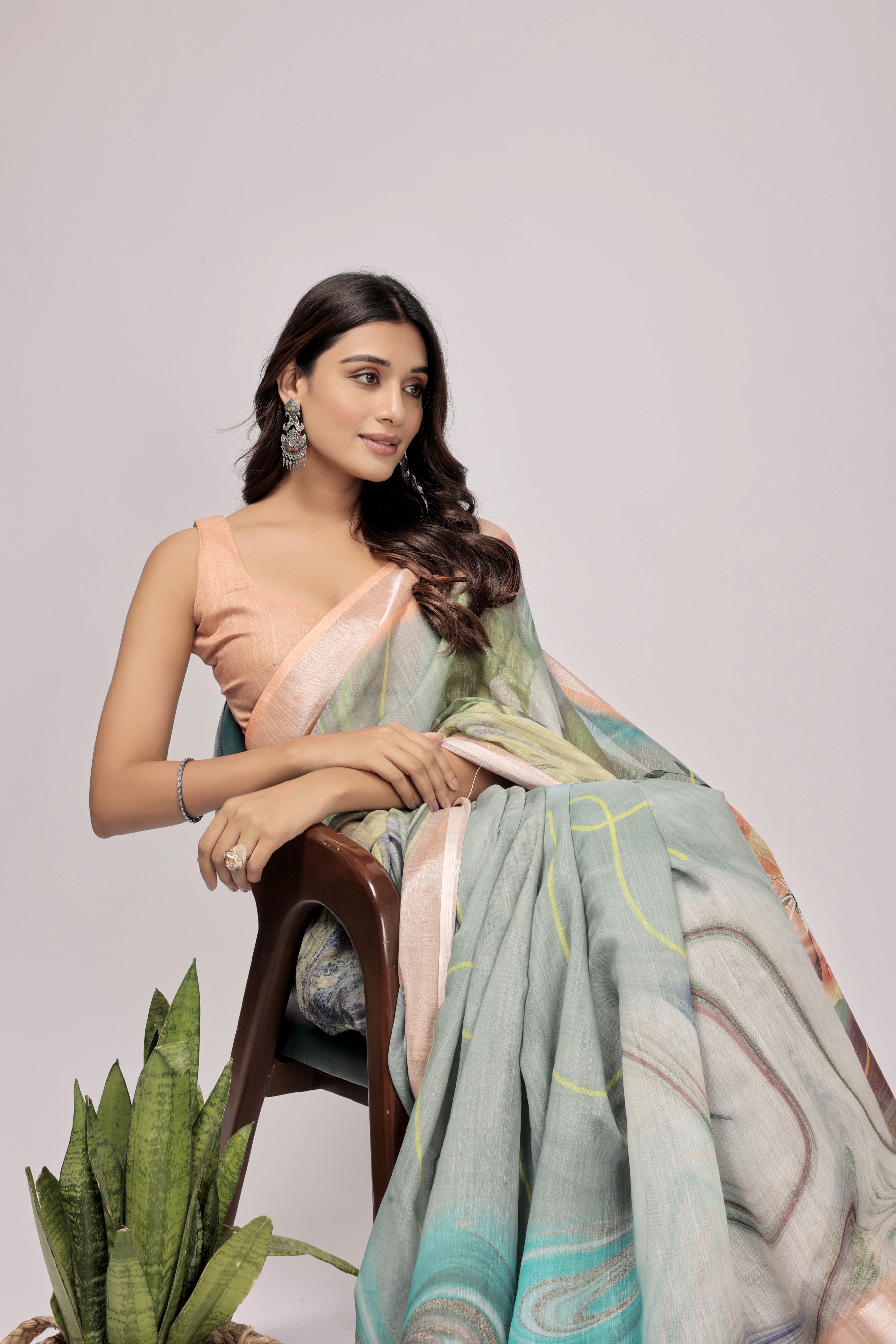 Digital Printed Linen Blend Saree with Zari Border
