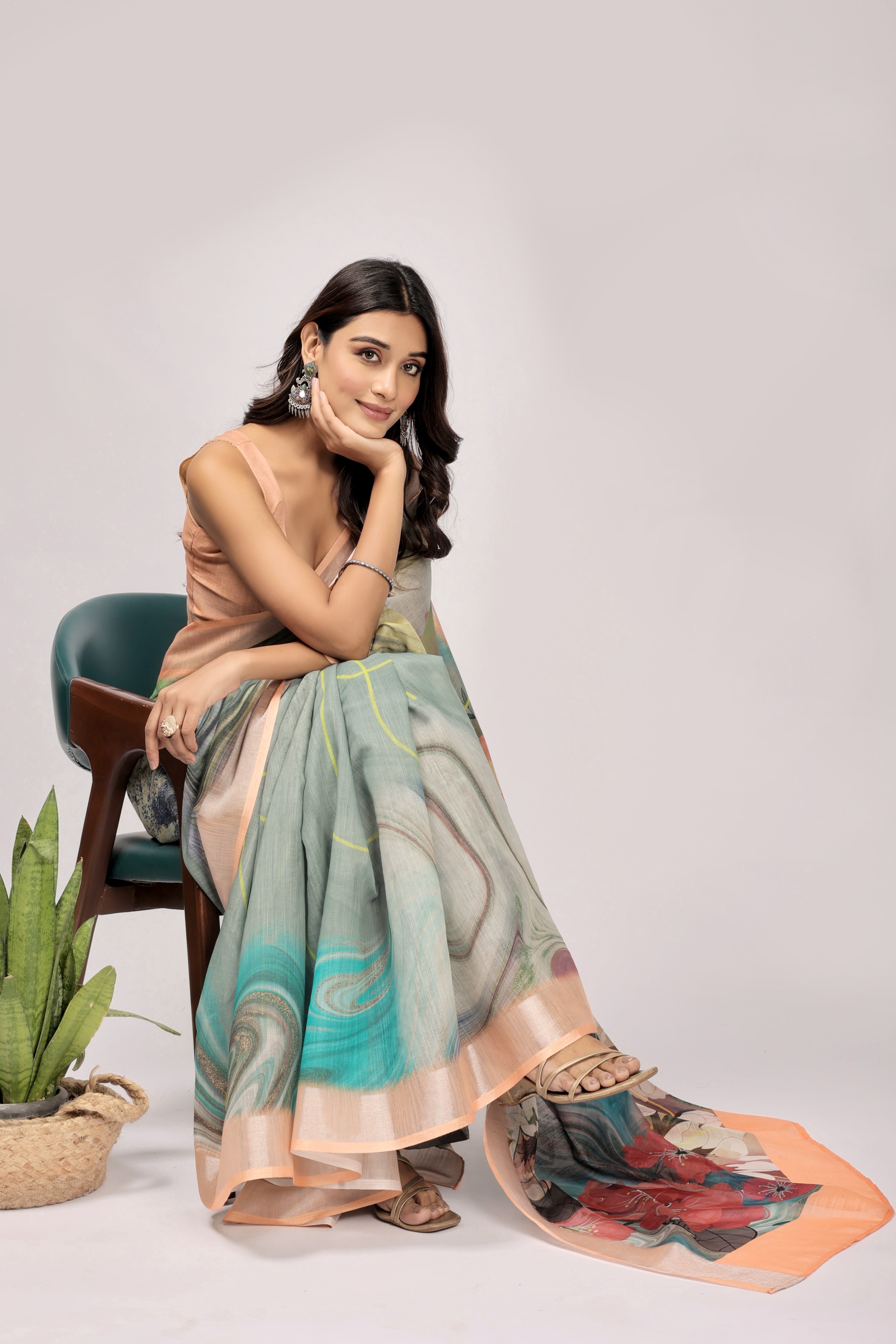 Digital Printed Linen Blend Saree with Zari Border