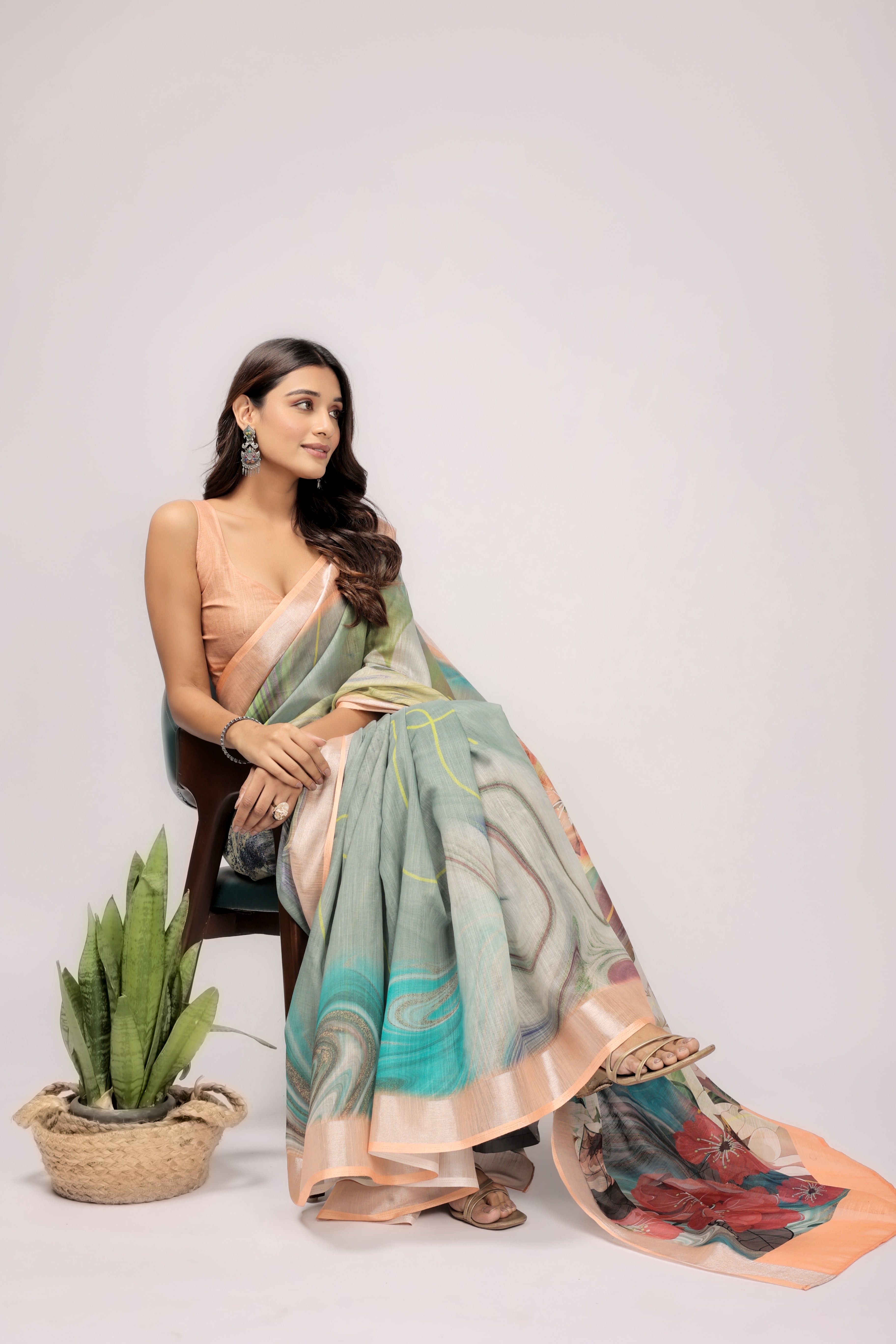 Digital Printed Linen Blend Saree with Zari Border