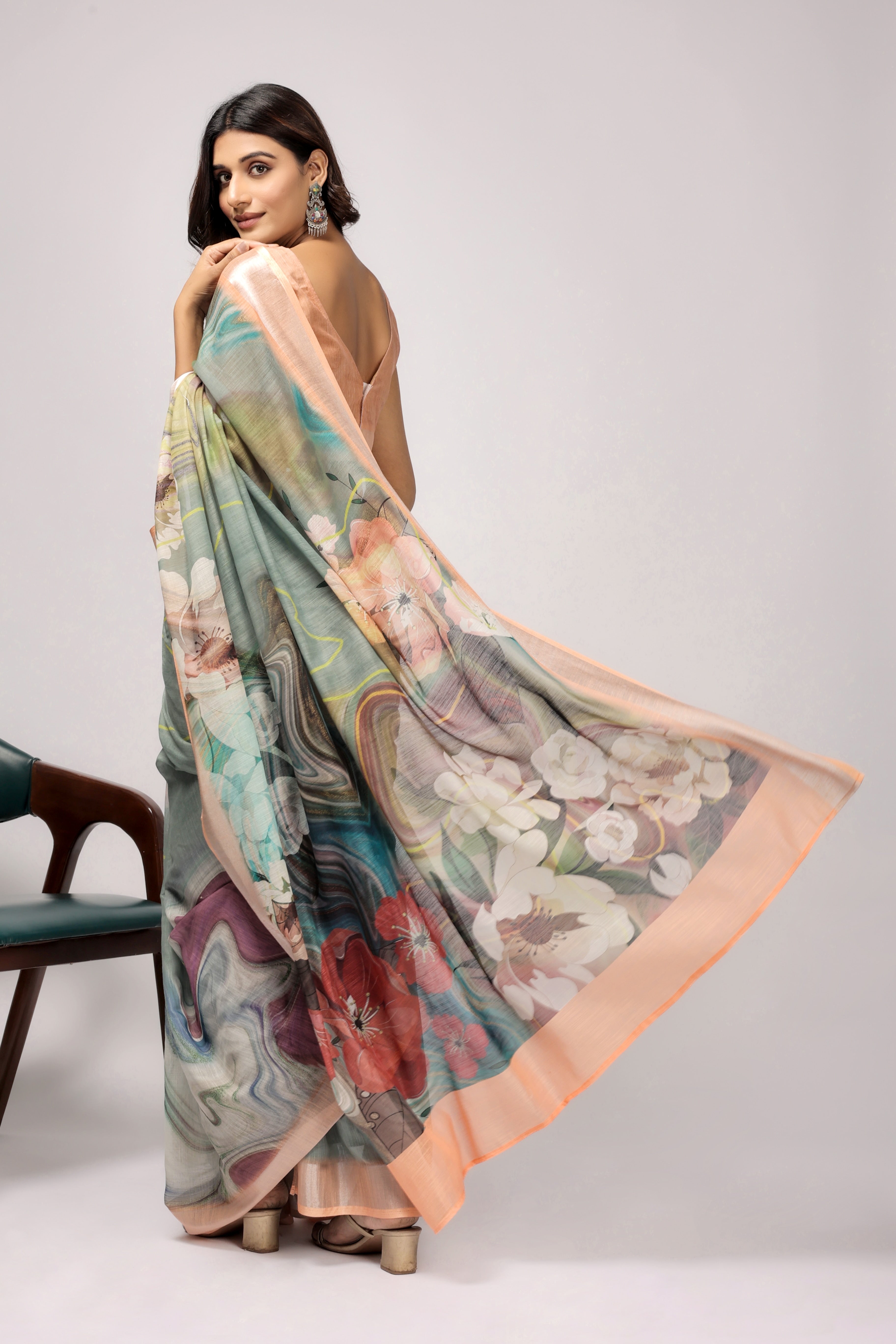 Digital Printed Linen Blend Saree with Zari Border