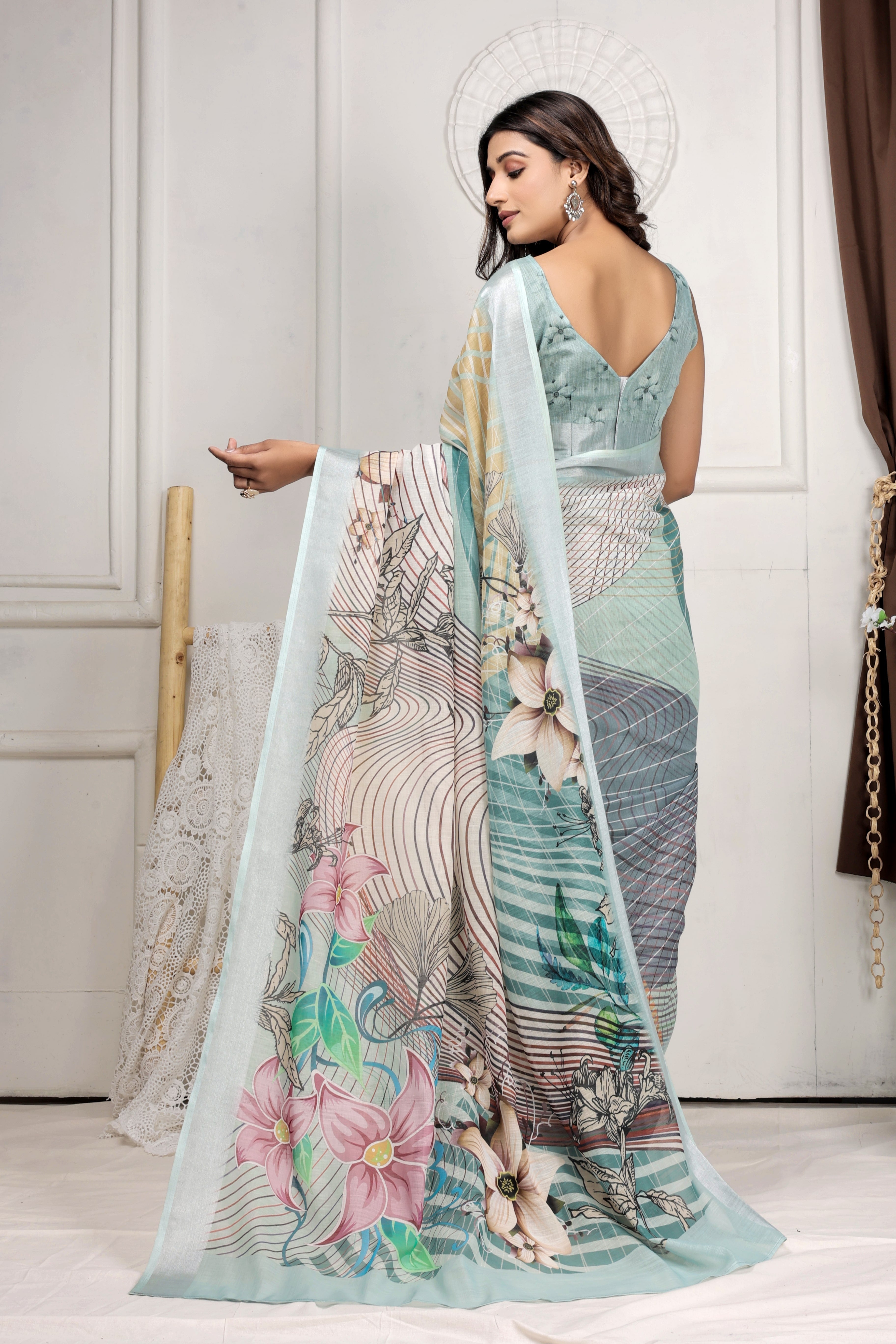 Digital Printed Linen Blend Saree with Zari Border