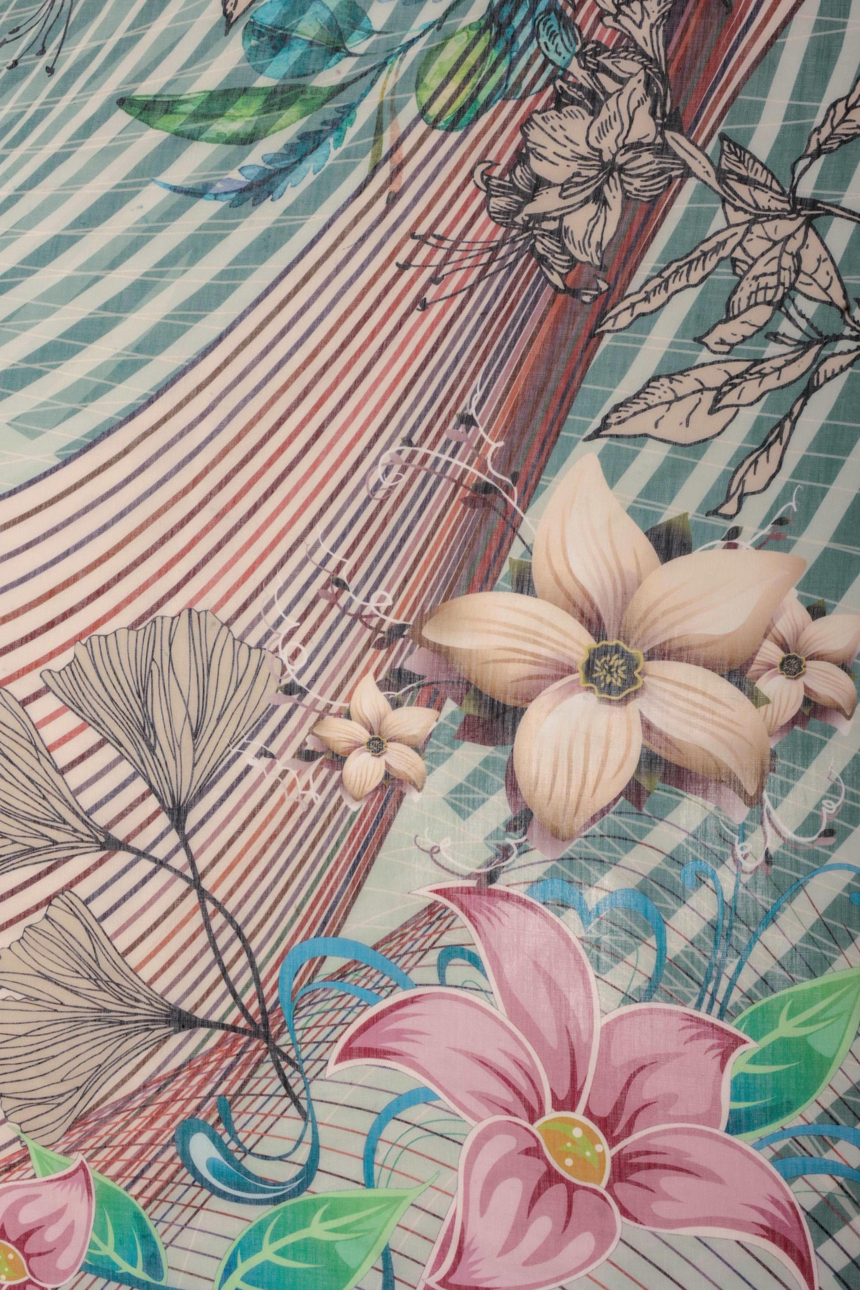 Digital Printed Linen Blend Saree with Zari Border