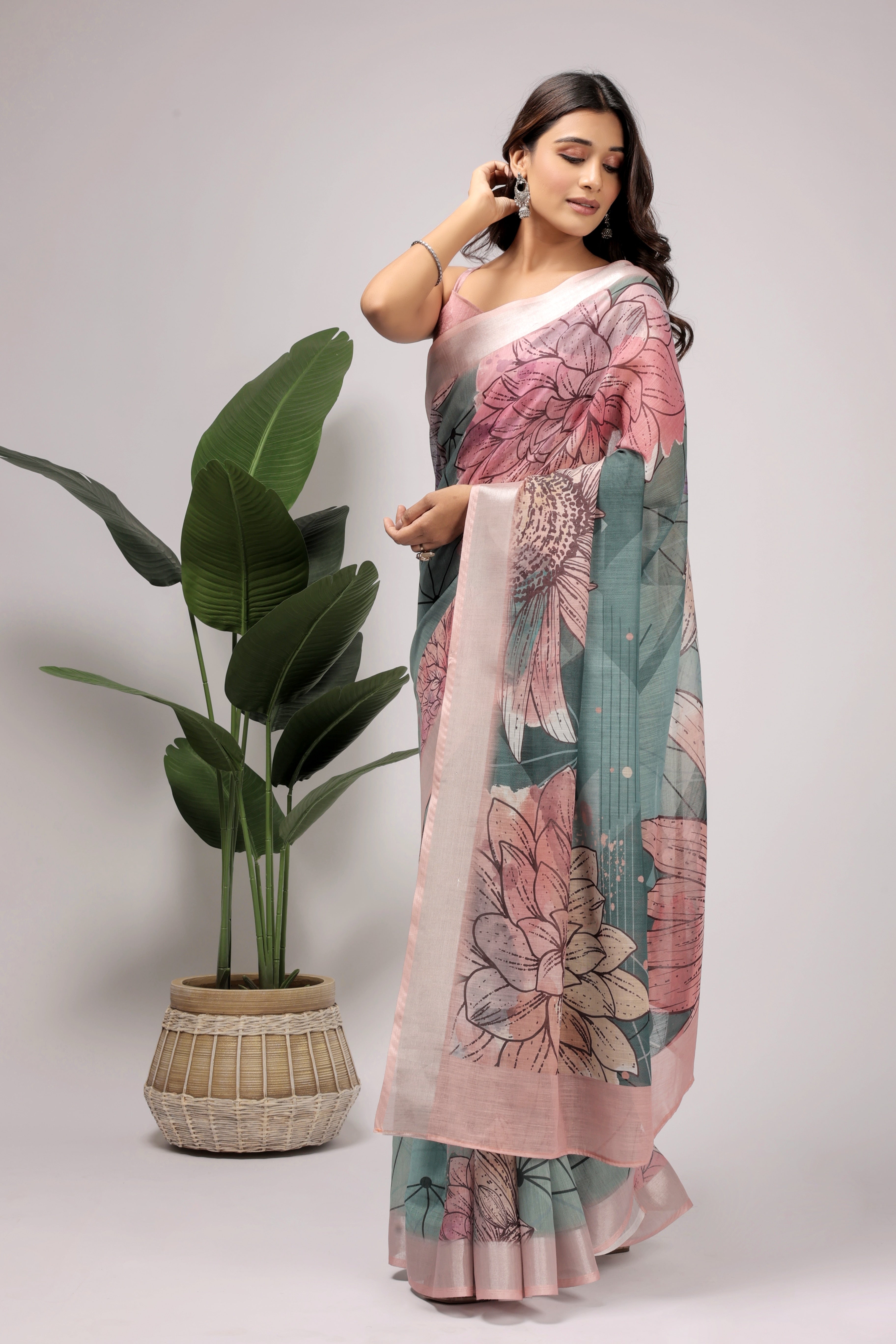 Digital Printed Linen Blend Saree with Zari Border