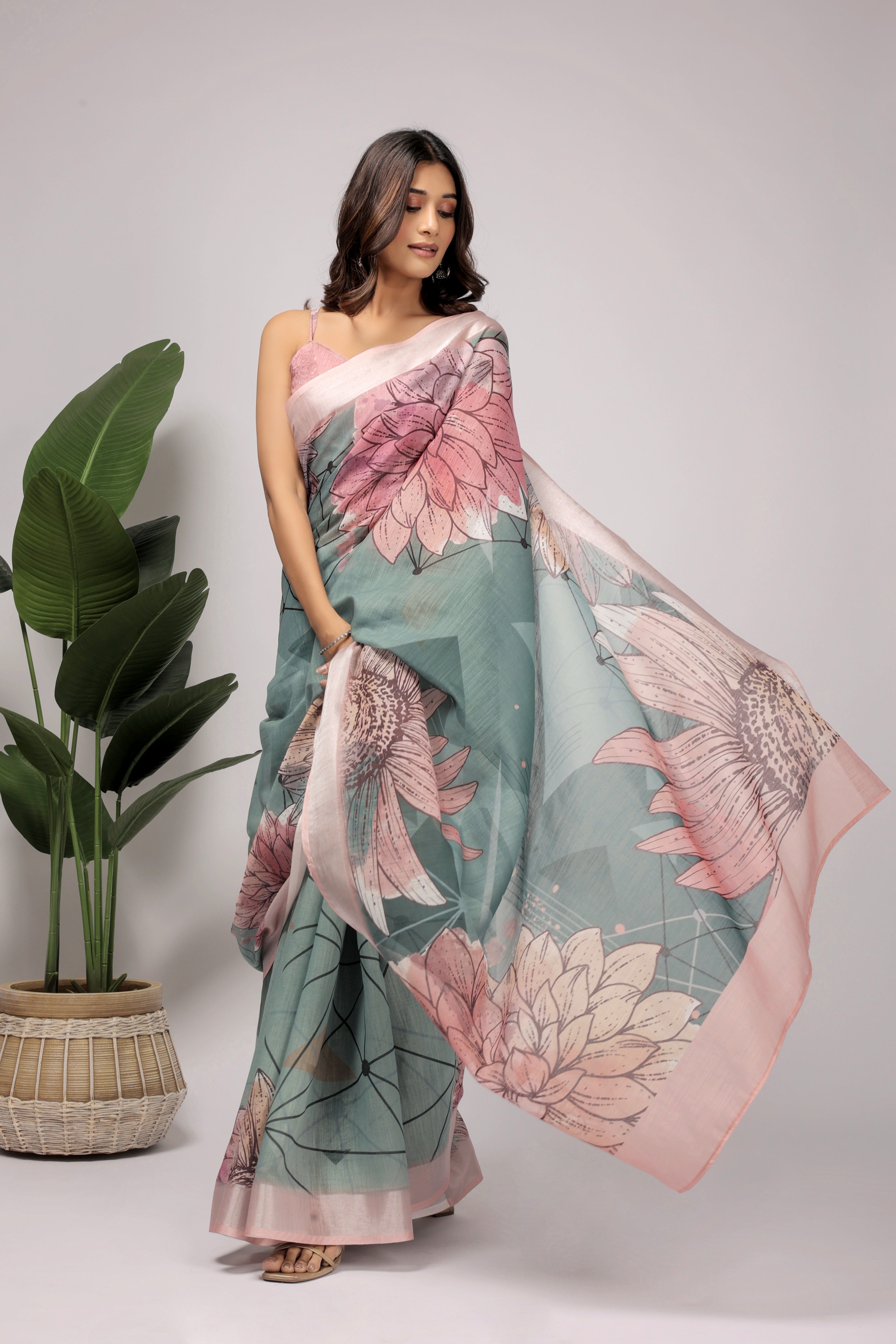 Digital Printed Linen Blend Saree with Zari Border