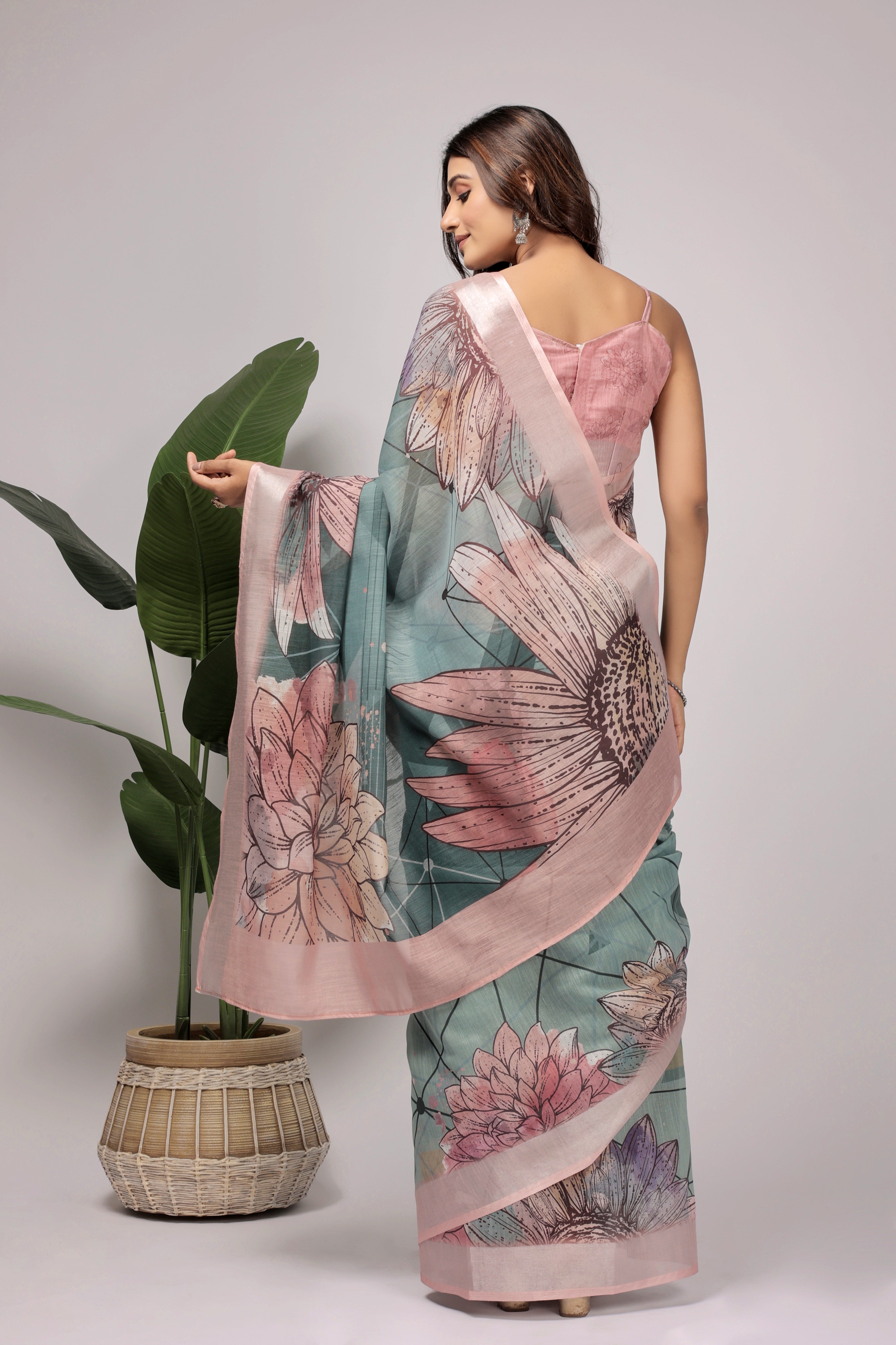 Digital Printed Linen Blend Saree with Zari Border