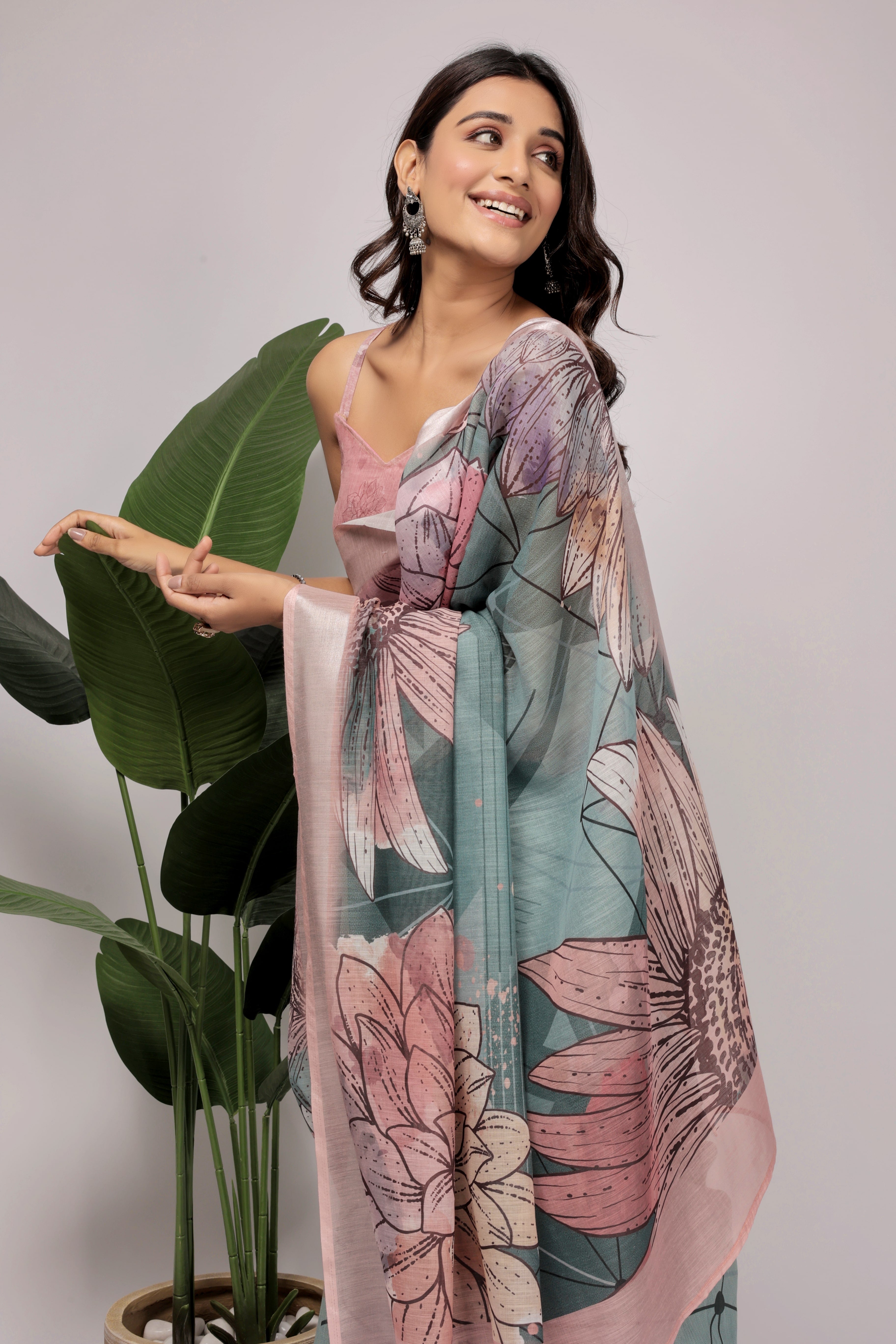 Digital Printed Linen Blend Saree with Zari Border