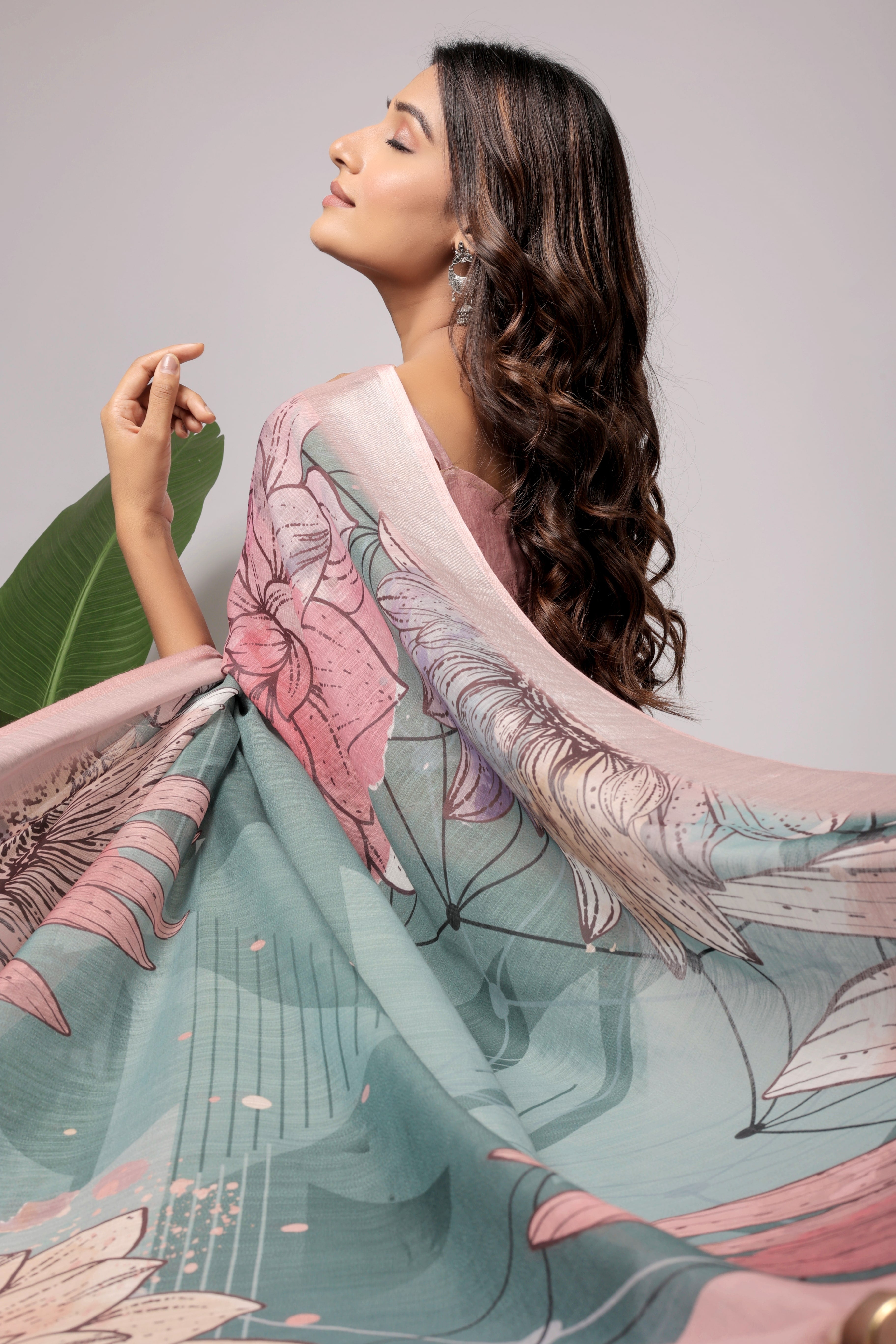 Digital Printed Linen Blend Saree with Zari Border