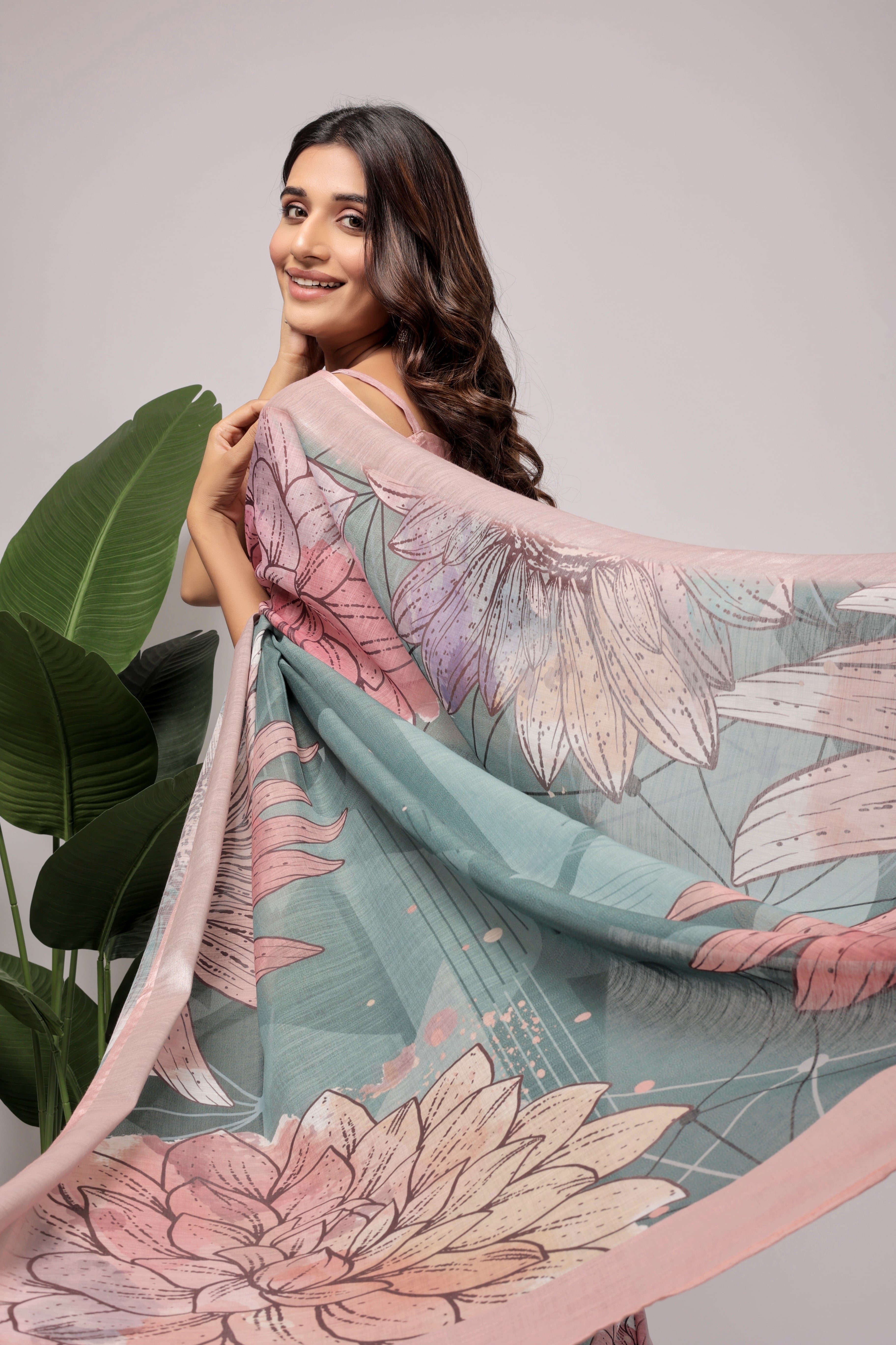 Digital Printed Linen Blend Saree with Zari Border