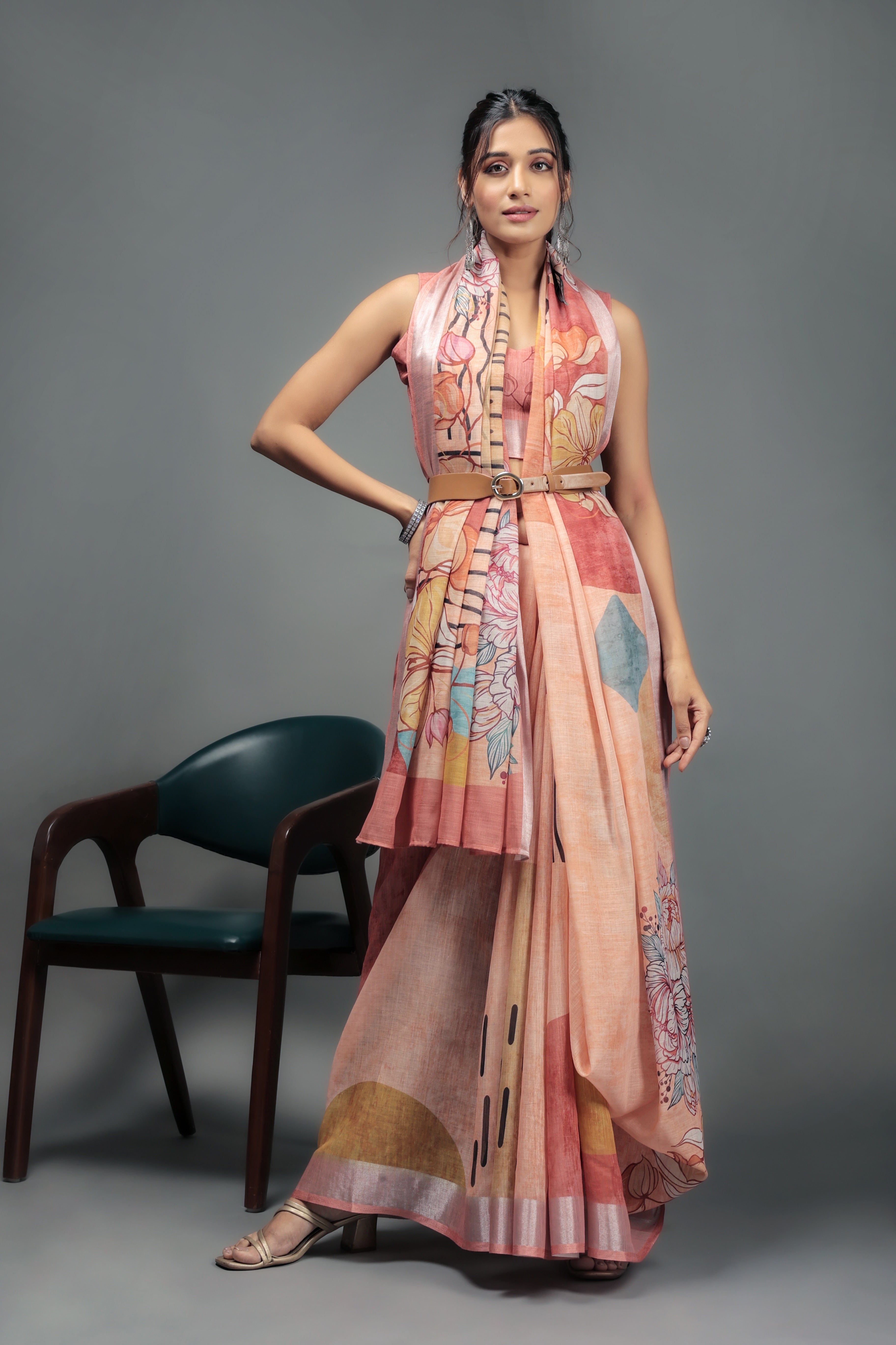 Digital Printed Linen Blend Saree with Zari Border