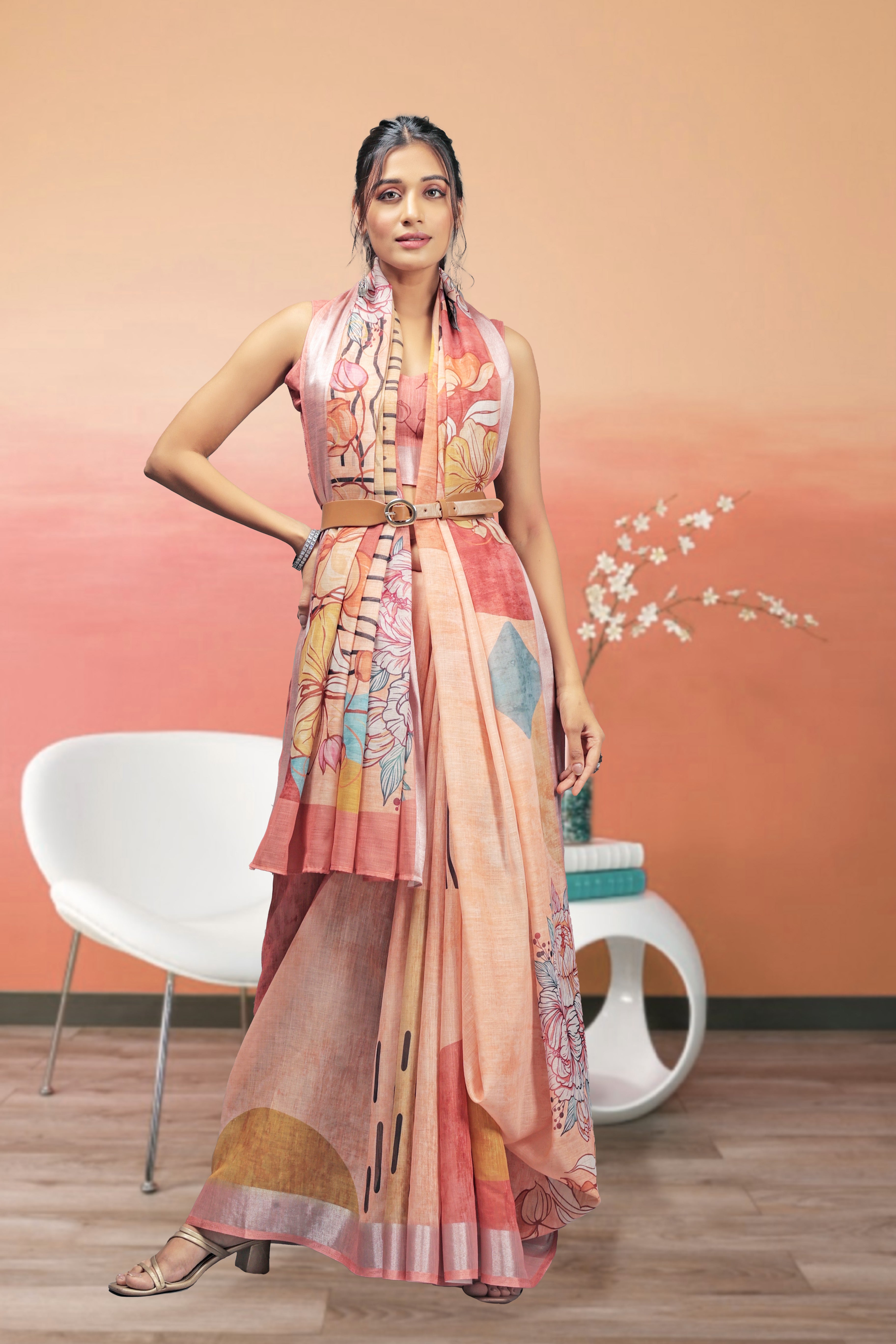 Digital Printed Linen Blend Saree with Zari Border