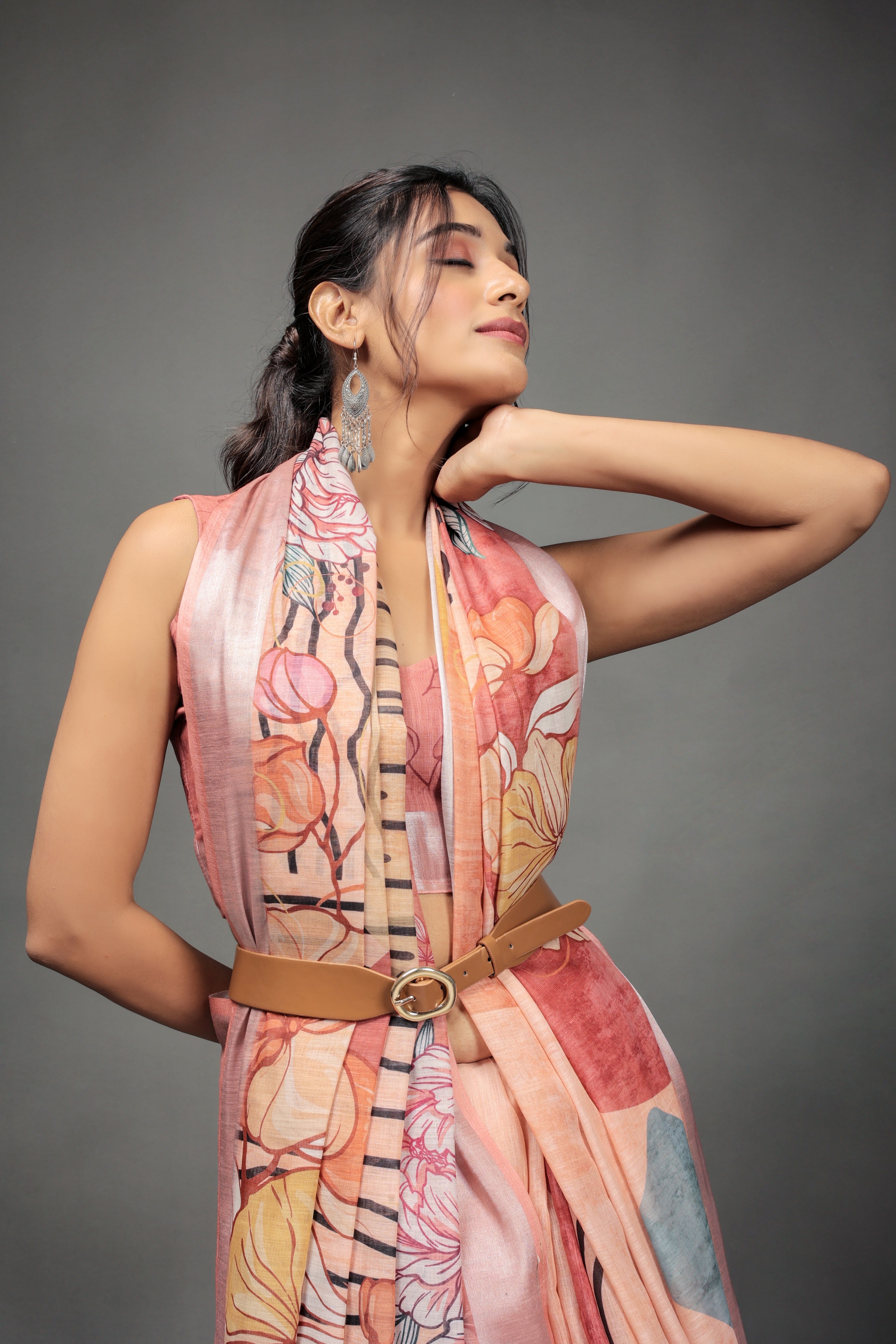 Digital Printed Linen Blend Saree with Zari Border