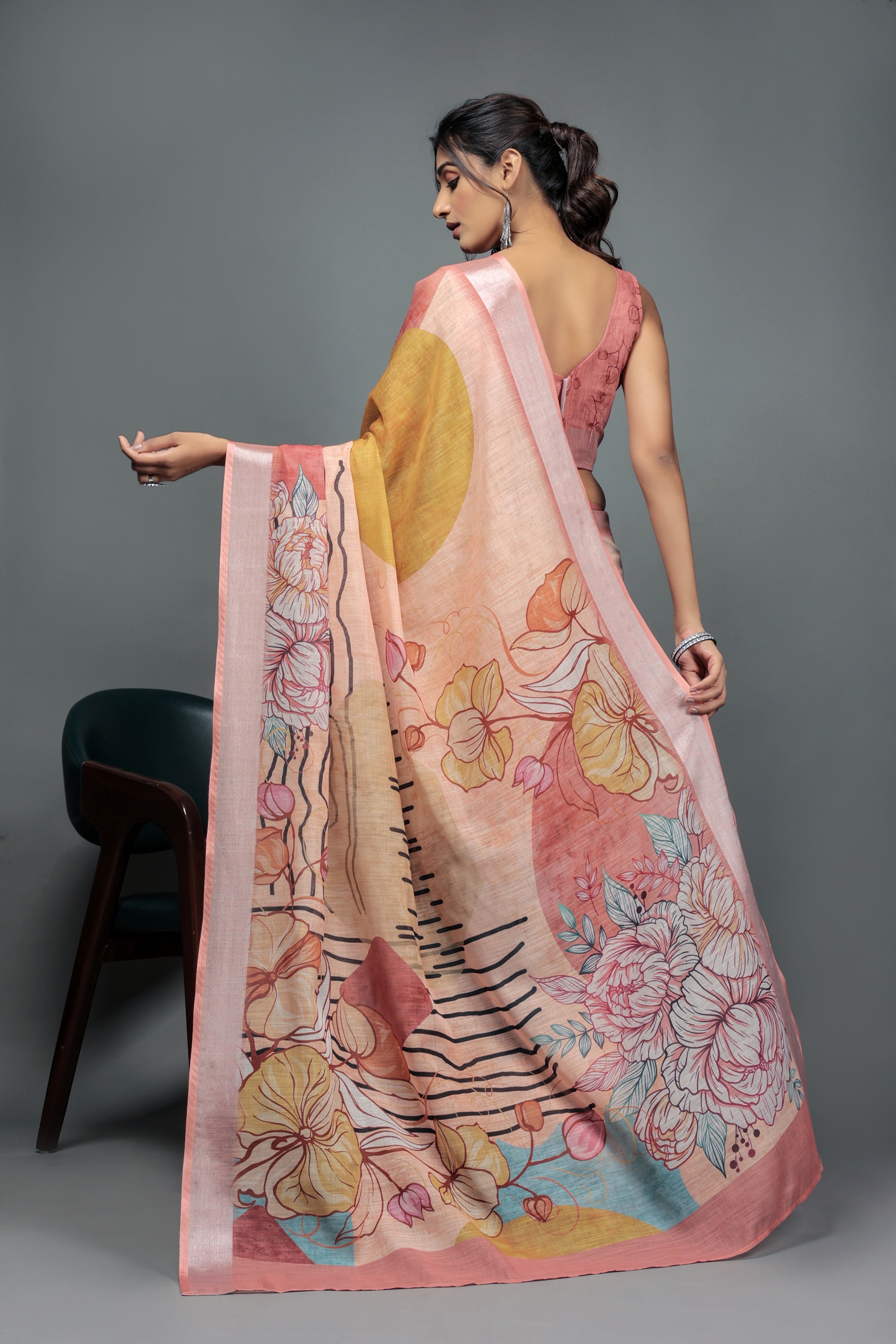 Digital Printed Linen Blend Saree with Zari Border