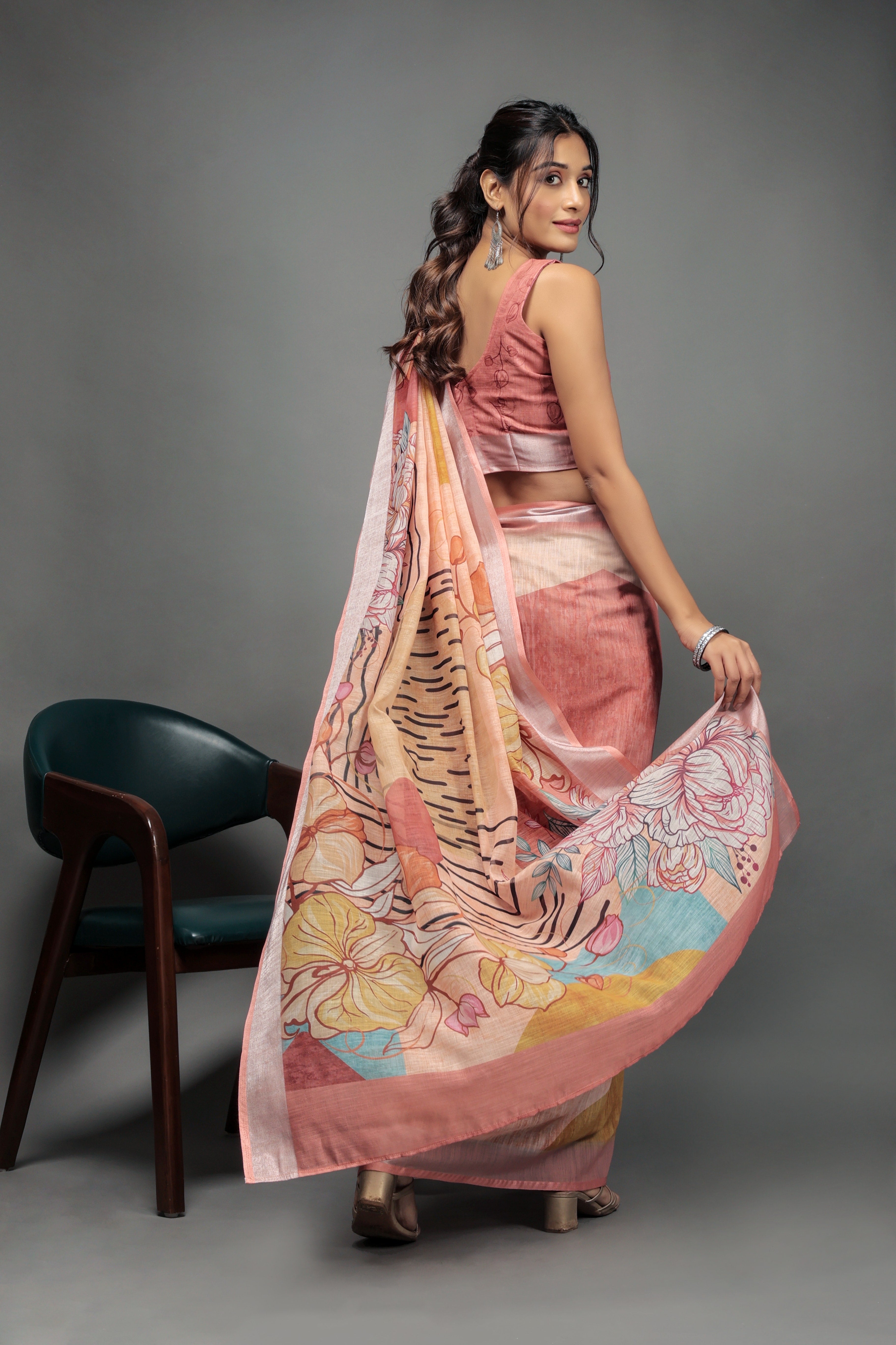 Digital Printed Linen Blend Saree with Zari Border