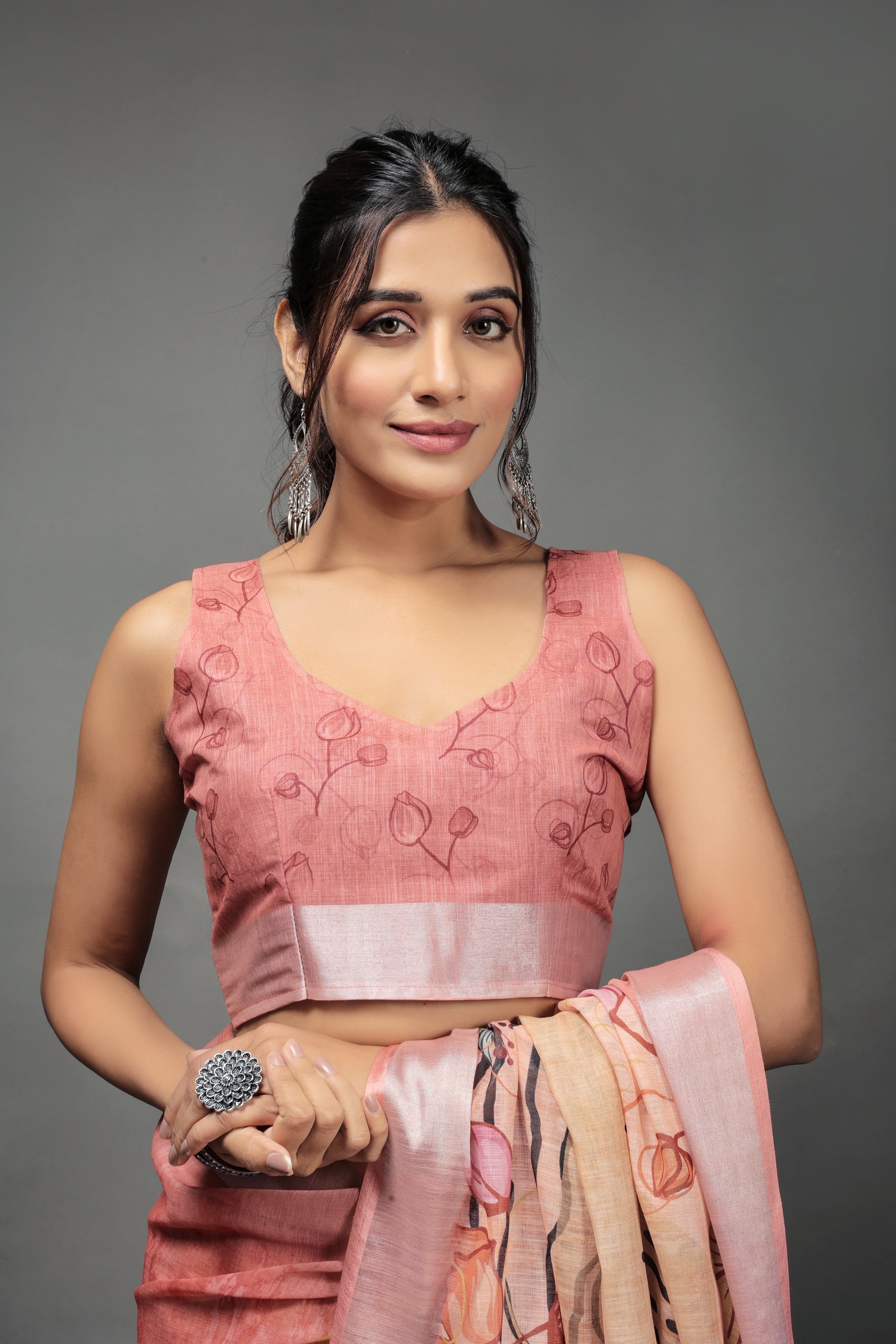 Digital Printed Linen Blend Saree with Zari Border