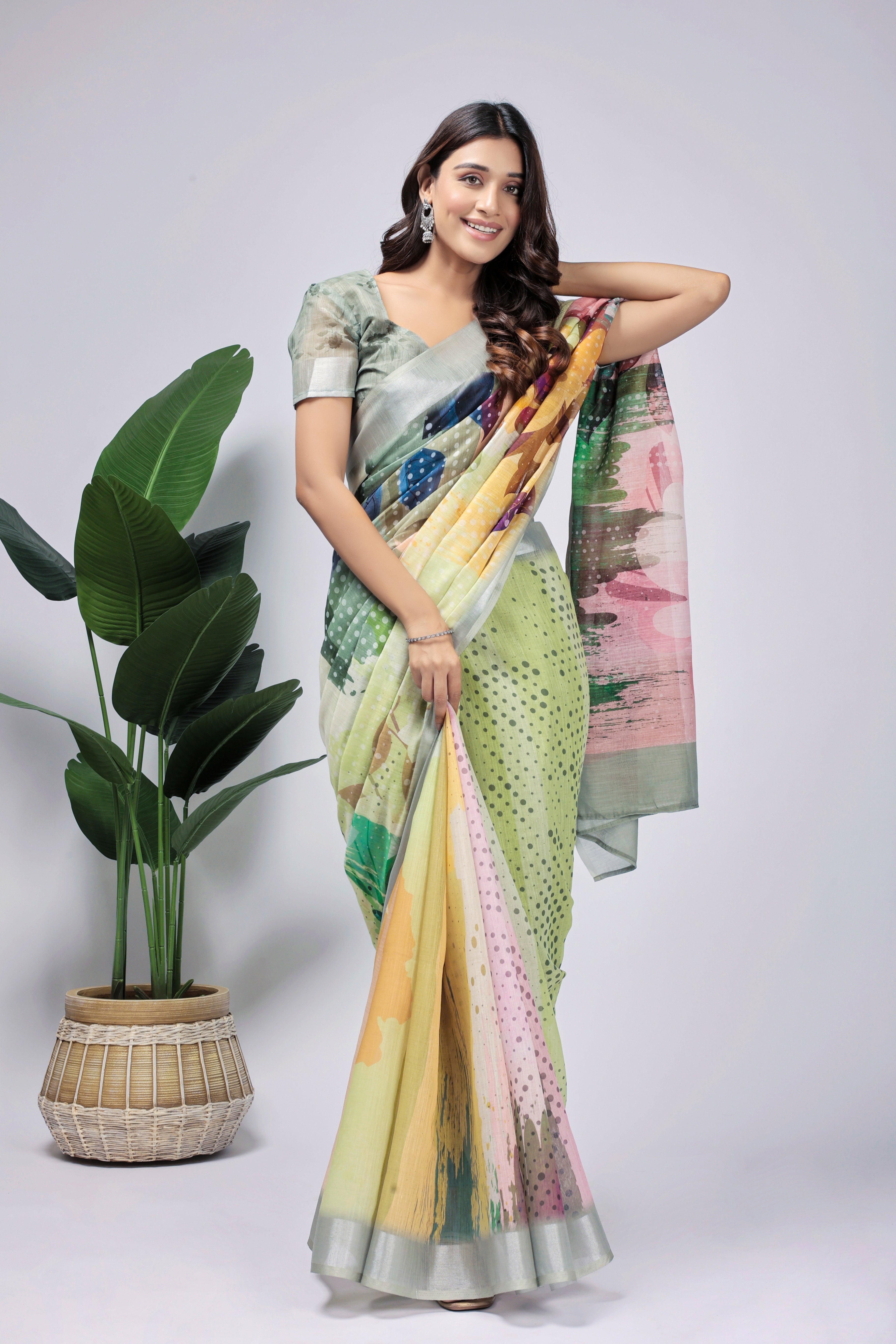Digital Printed Linen Blend Saree with Zari Border