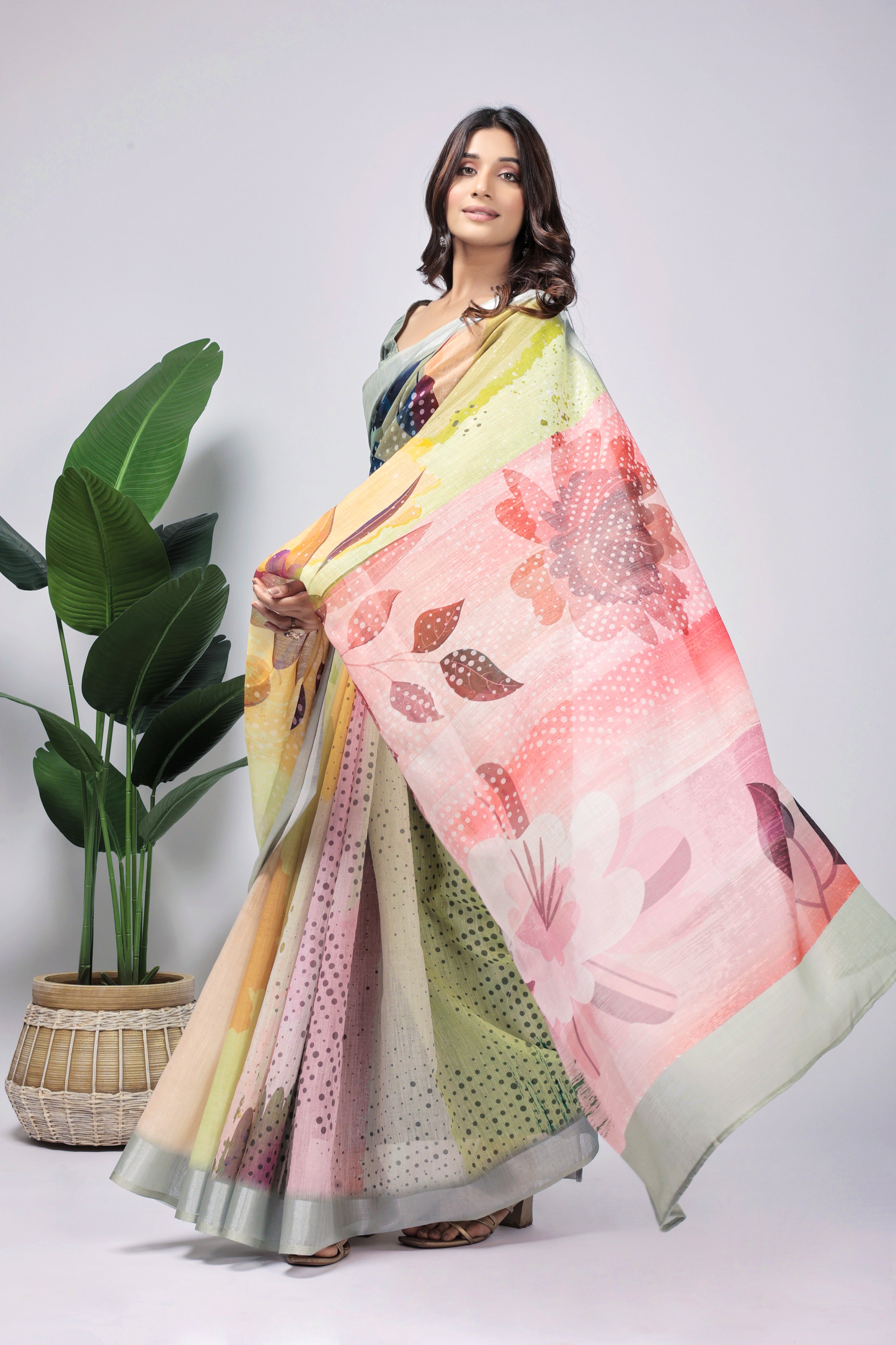 Digital Printed Linen Blend Saree with Zari Border