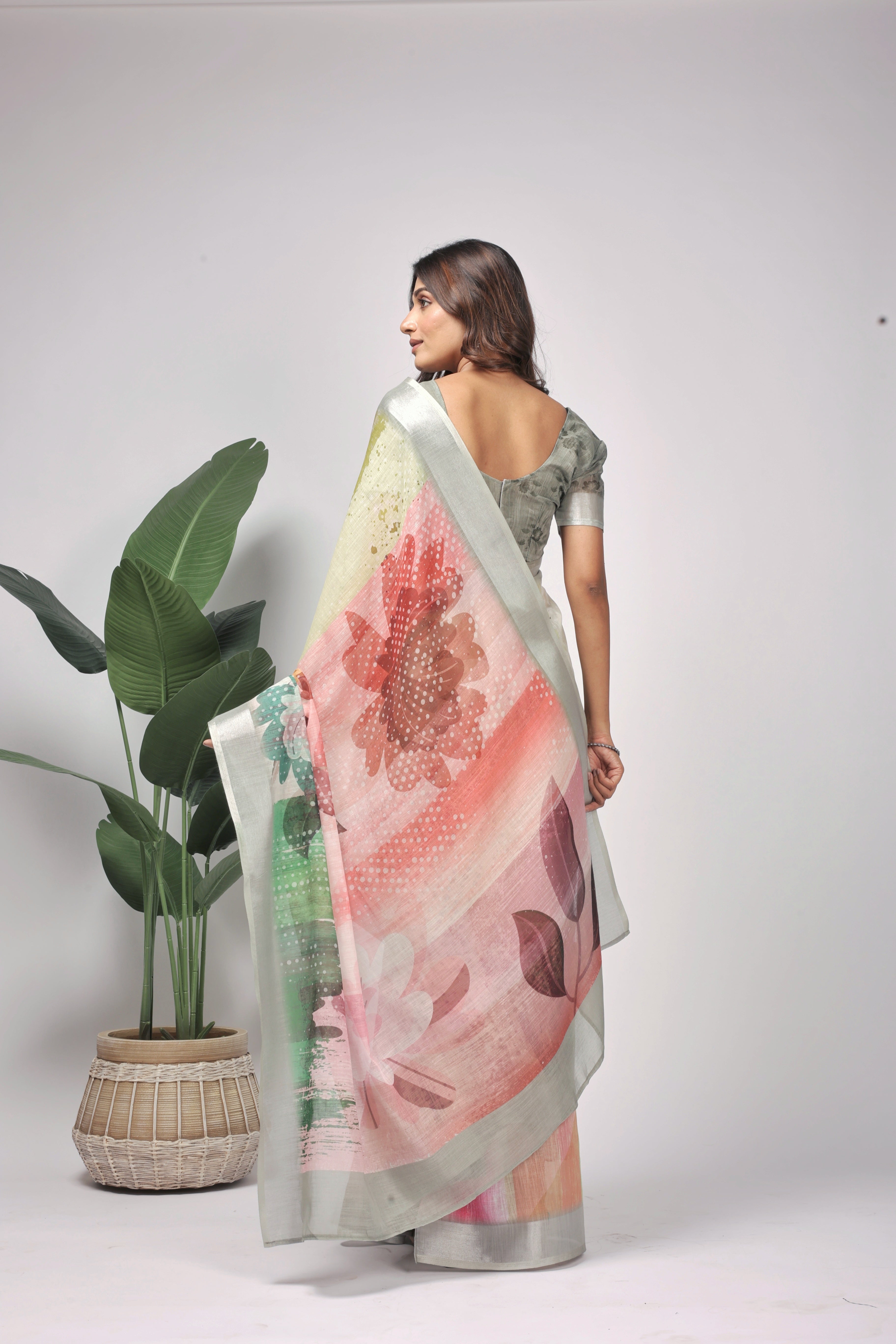 Digital Printed Linen Blend Saree with Zari Border