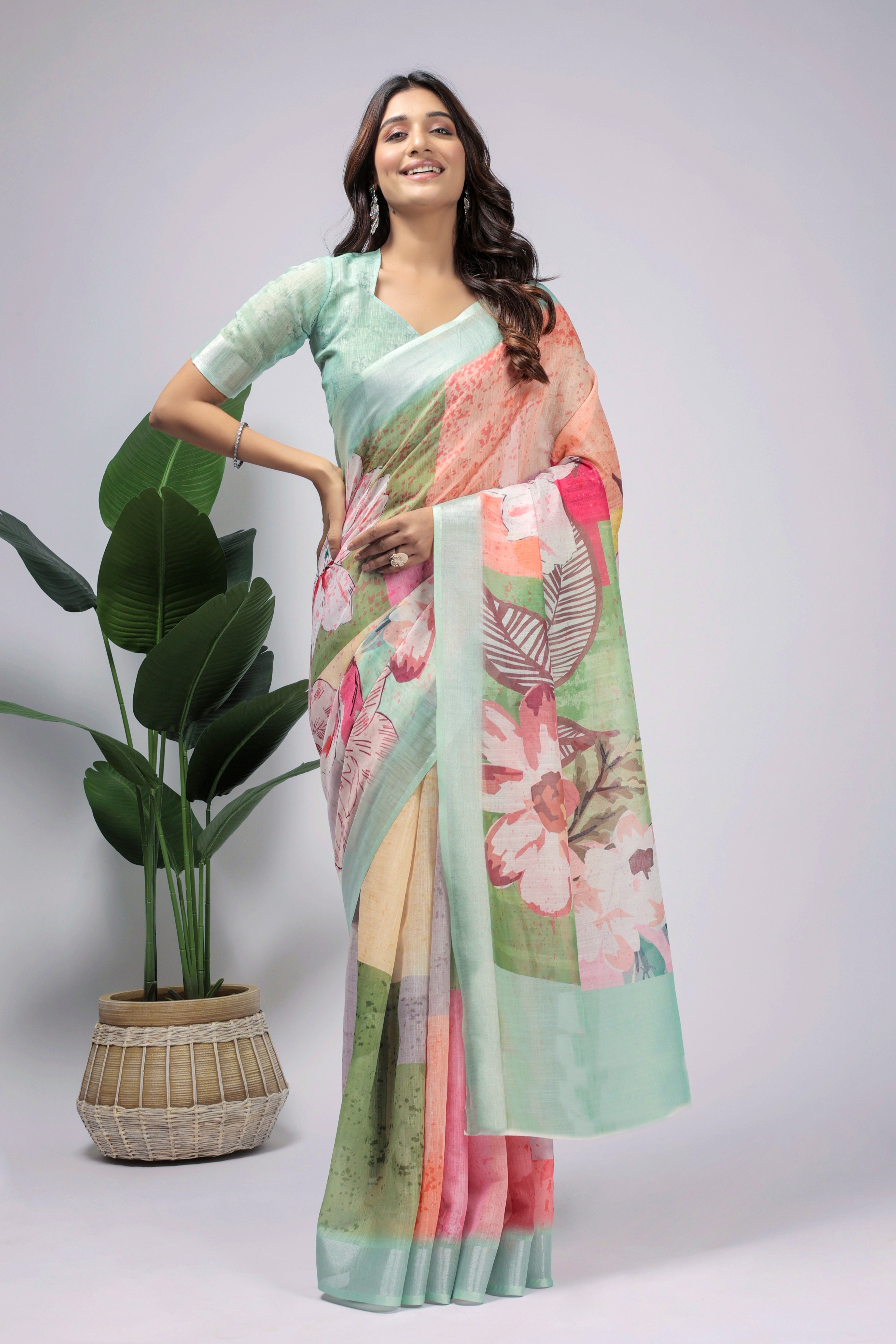 Digital Printed Linen Blend Saree with Zari Border