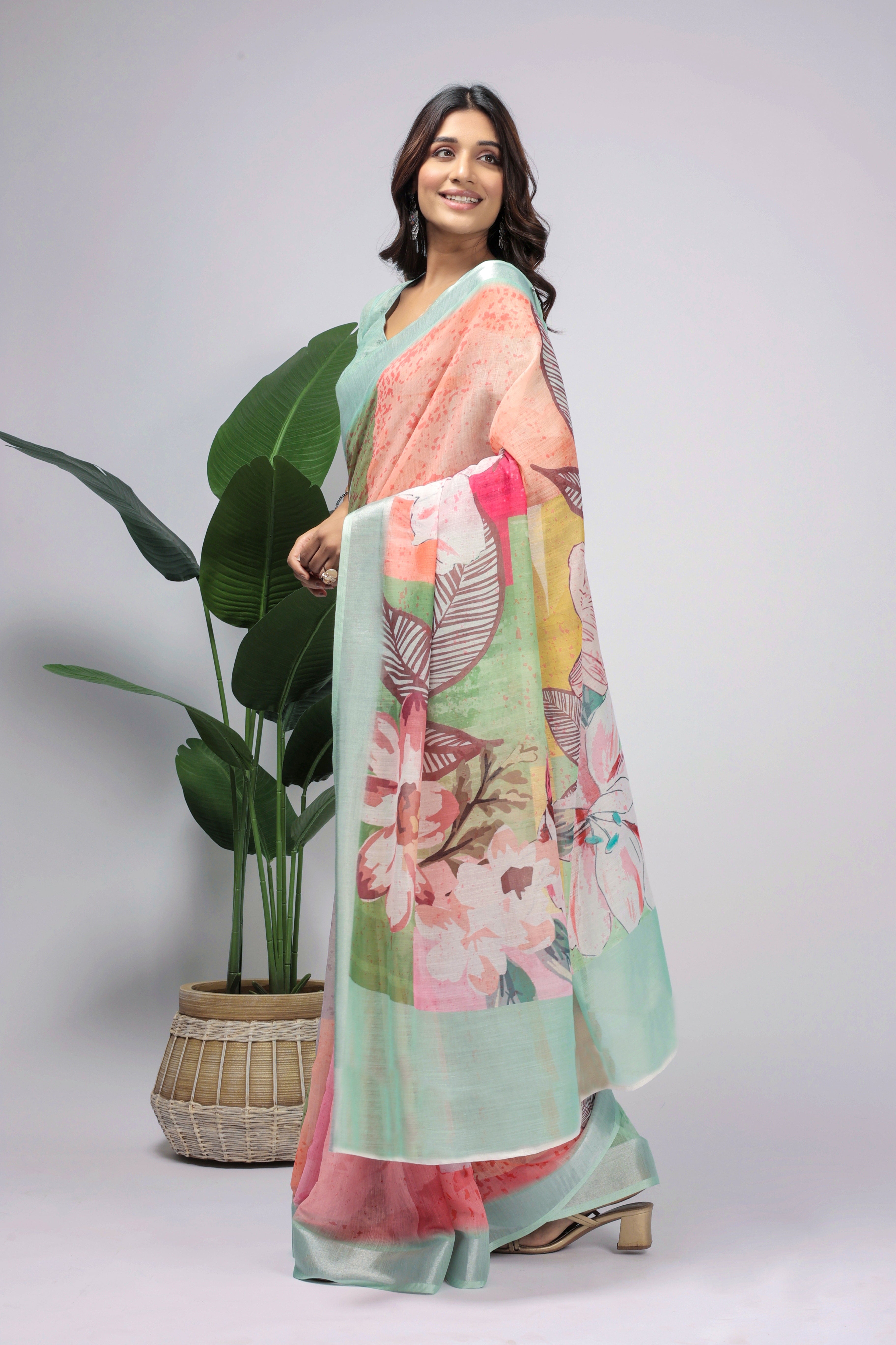 Digital Printed Linen Blend Saree with Zari Border
