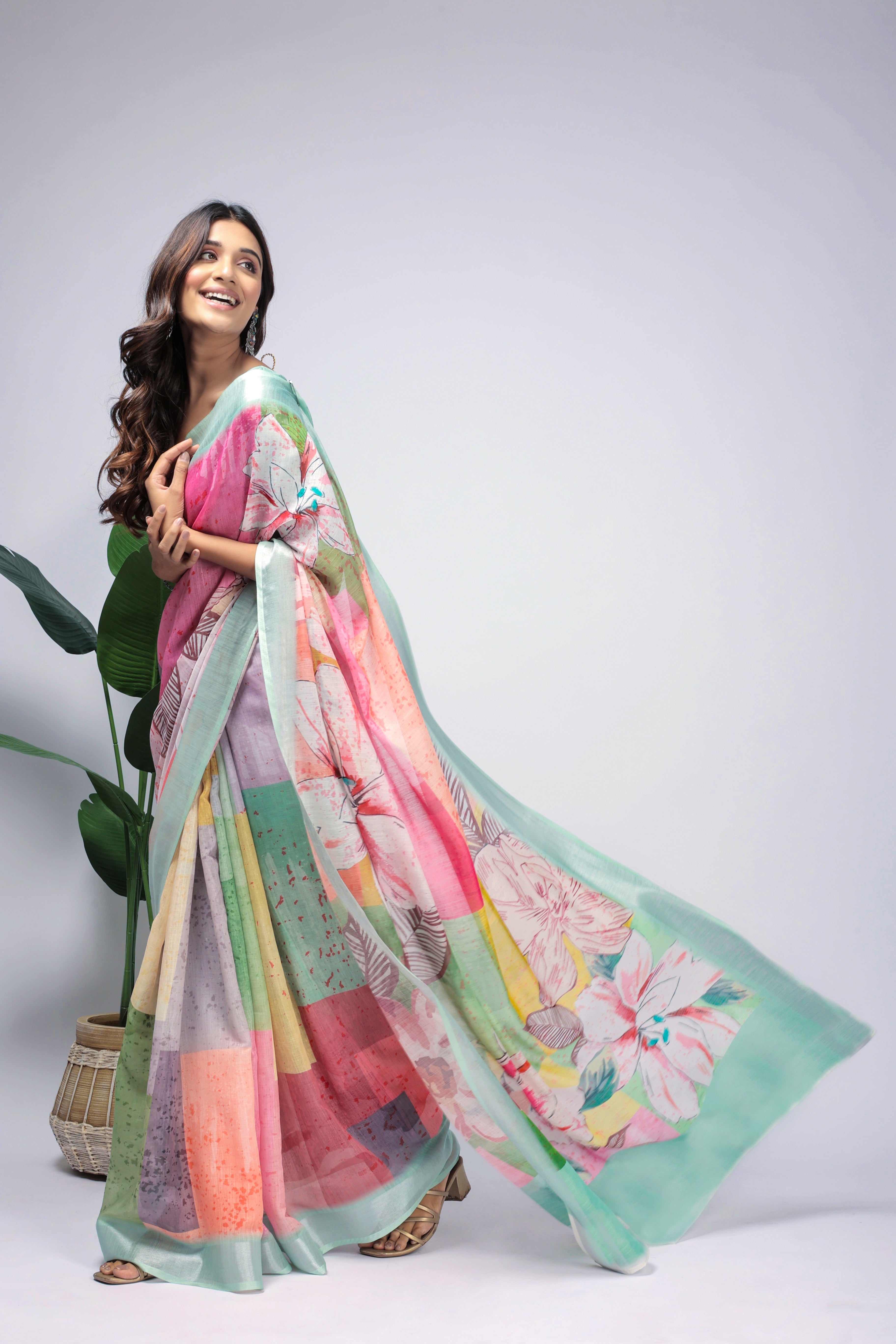Digital Printed Linen Blend Saree with Zari Border