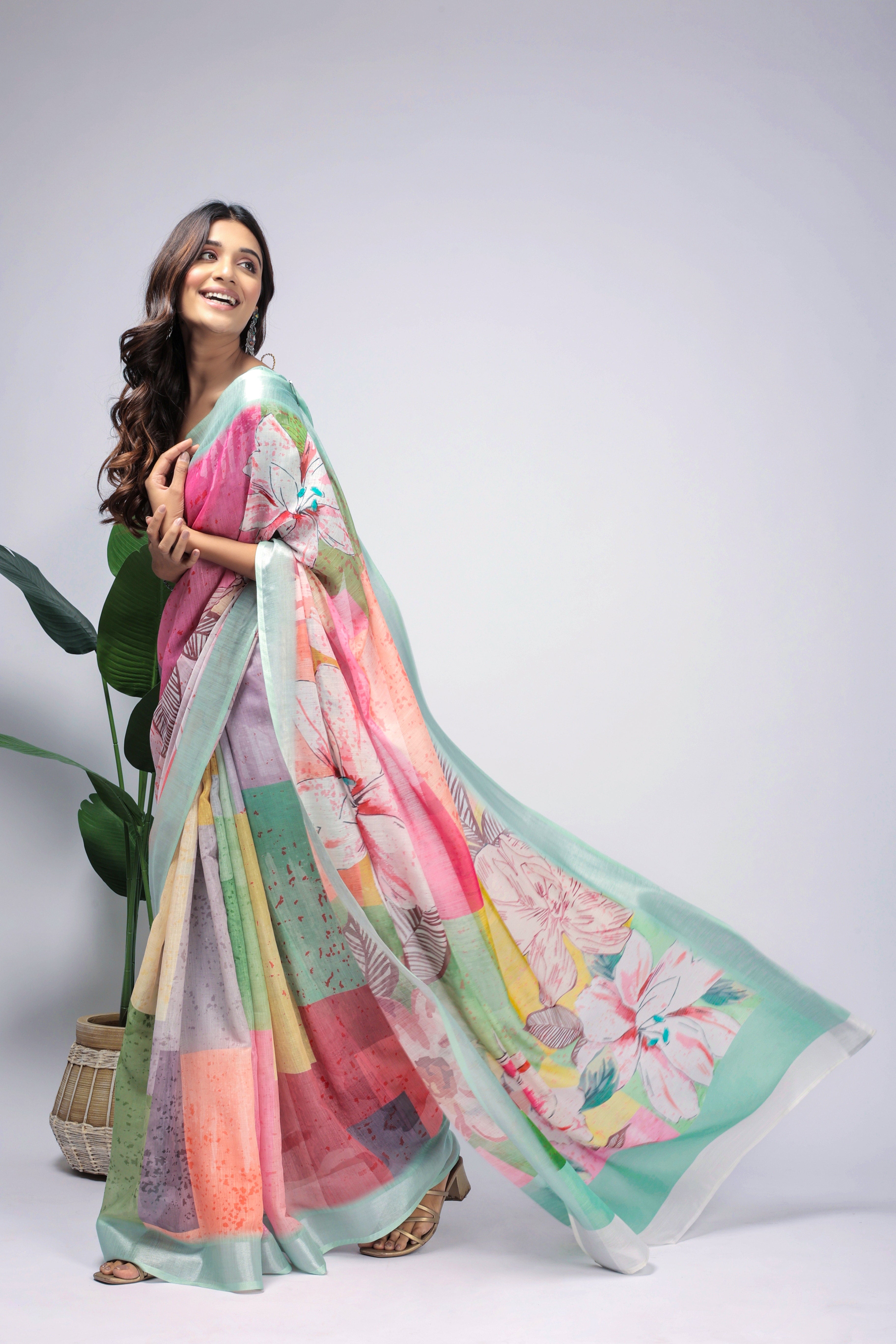 Digital Printed Linen Blend Saree with Zari Border