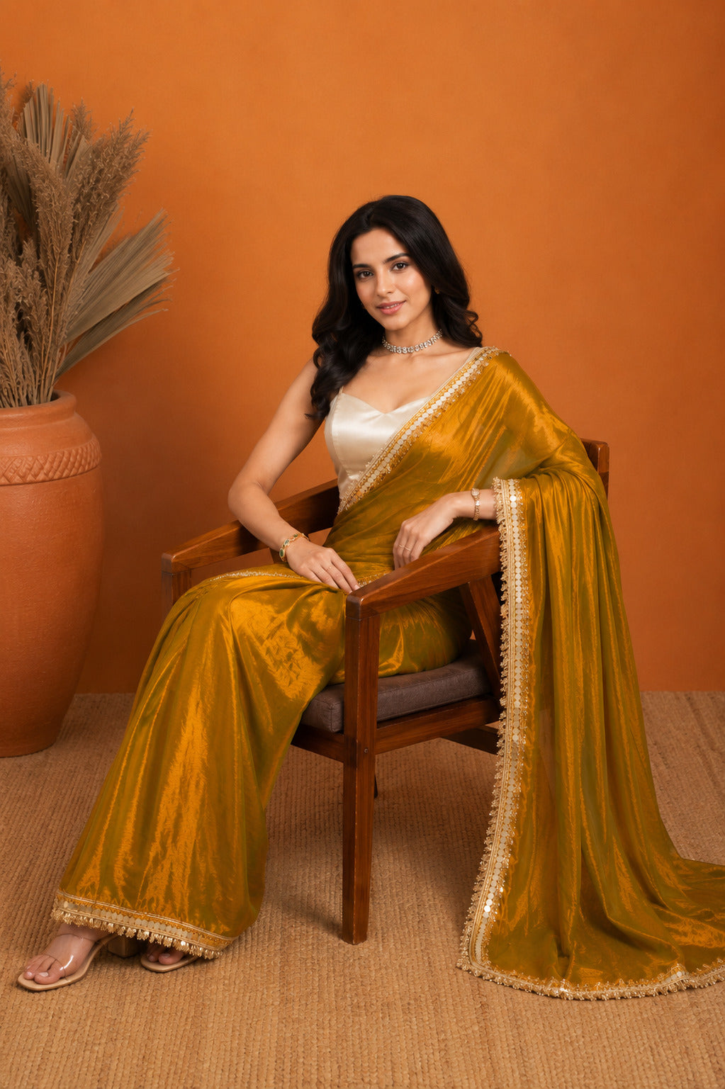 Yellow Solid Dyed Pure Chiffon Ready To Wear Saree