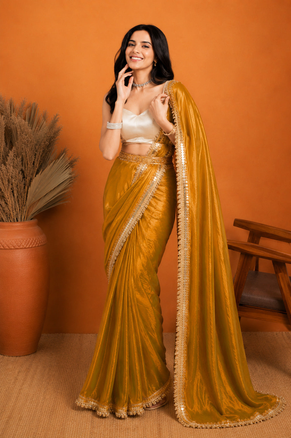 Yellow Solid Dyed Pure Chiffon Ready To Wear Saree
