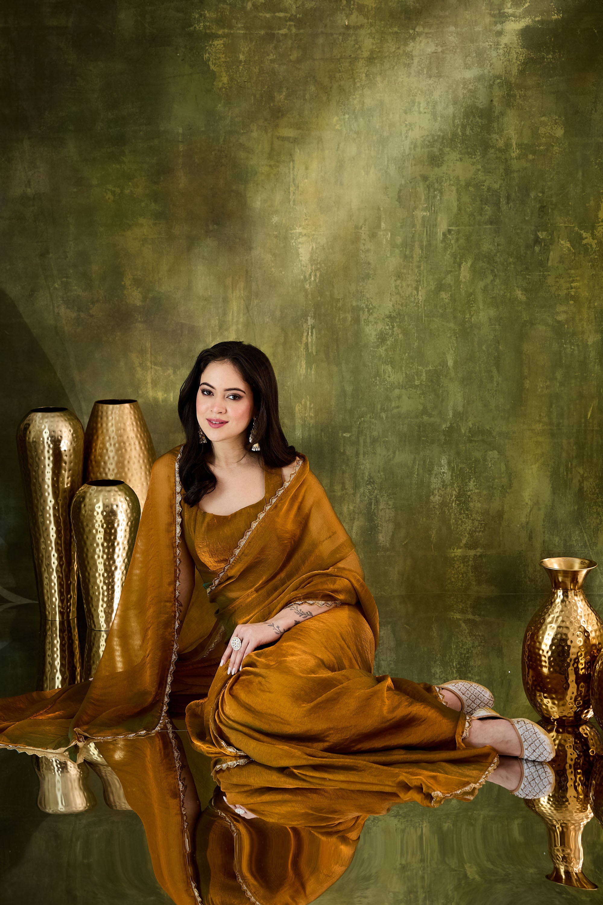 Gold Designer Silk Blend Ready To Wear Saree