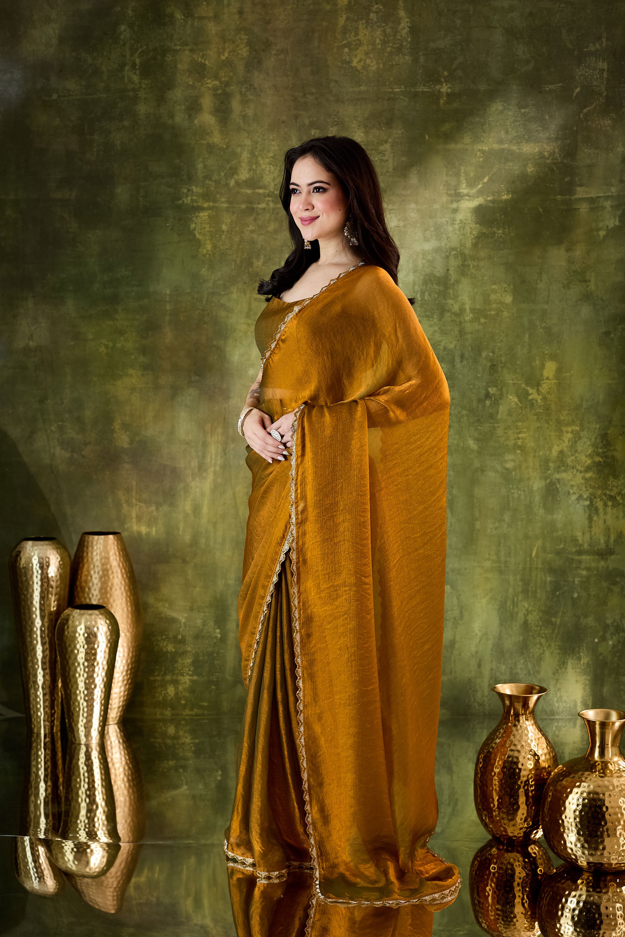 Gold Designer Silk Blend Ready To Wear Saree