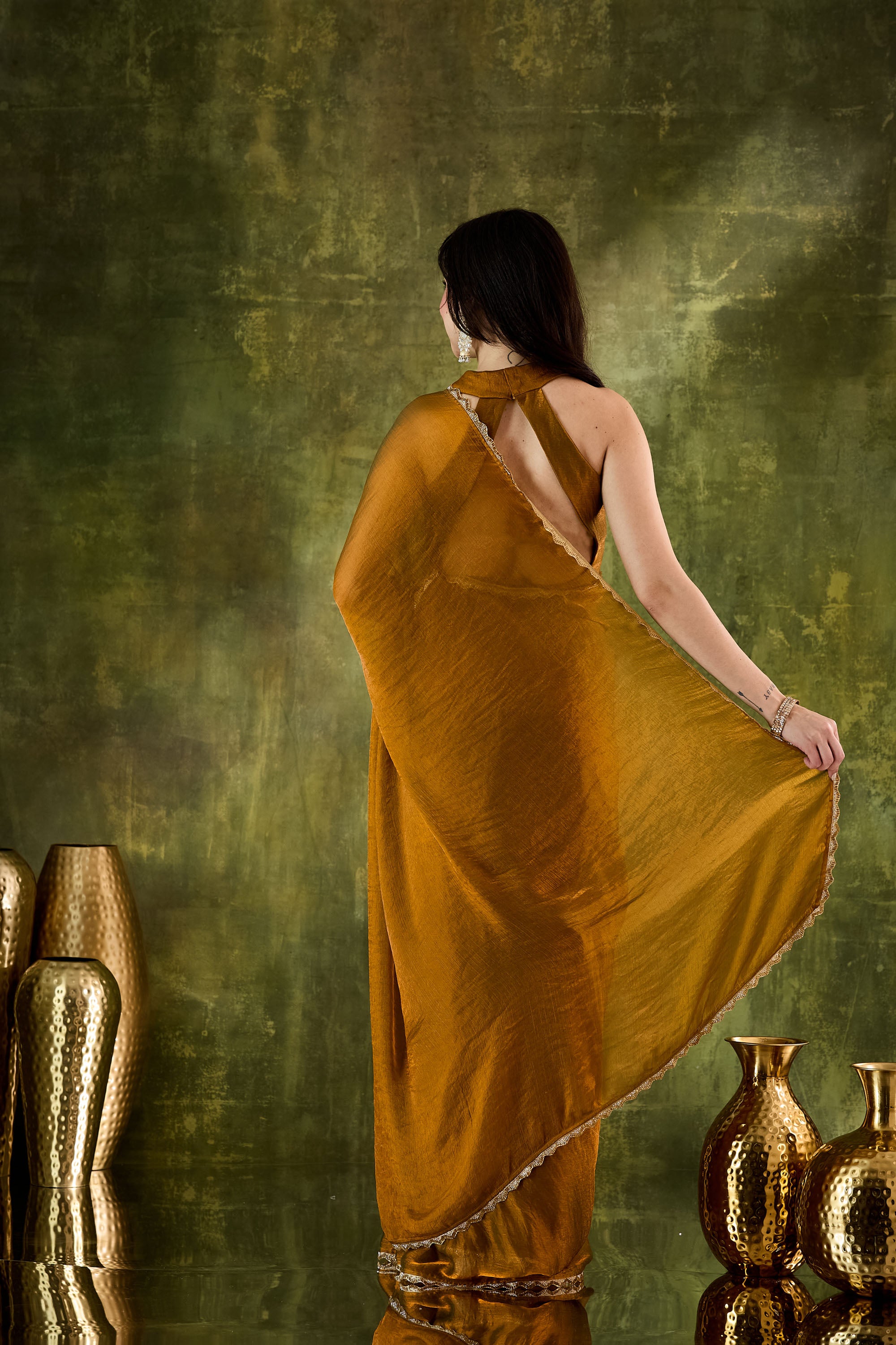 Gold Designer Silk Blend Ready To Wear Saree