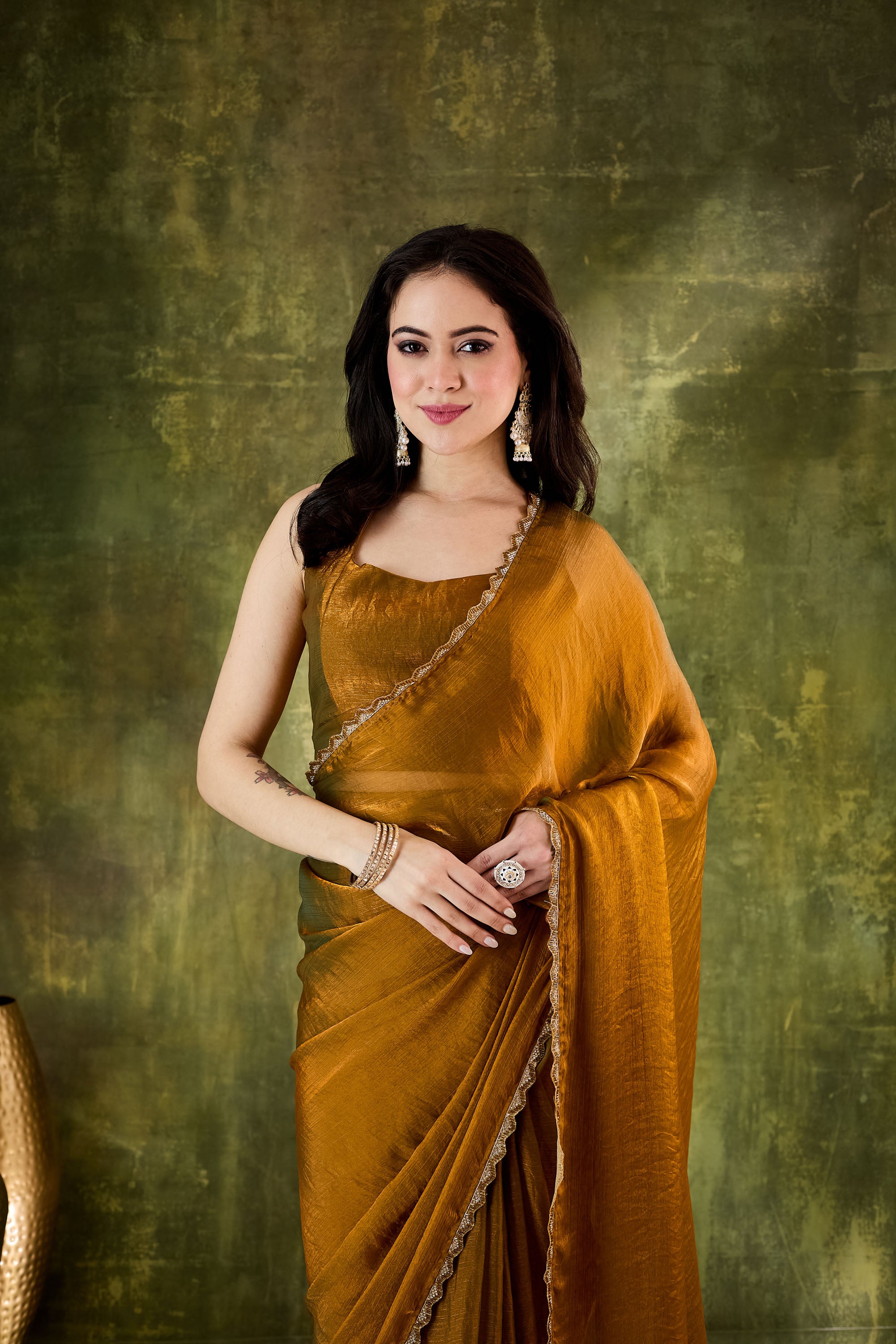 Gold Designer Silk Blend Ready To Wear Saree