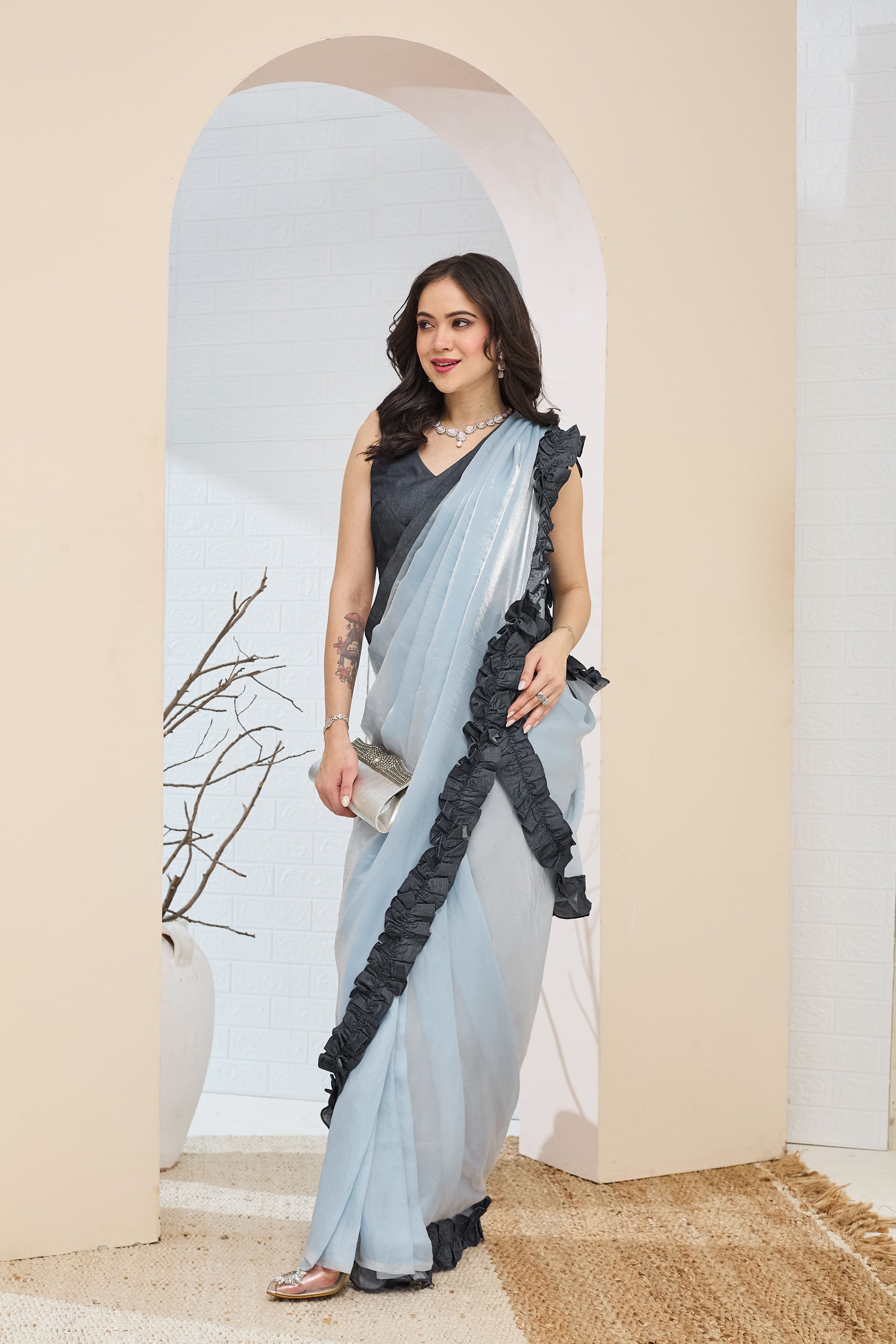 Sky Blue Silk Blend Ready To Wear Saree