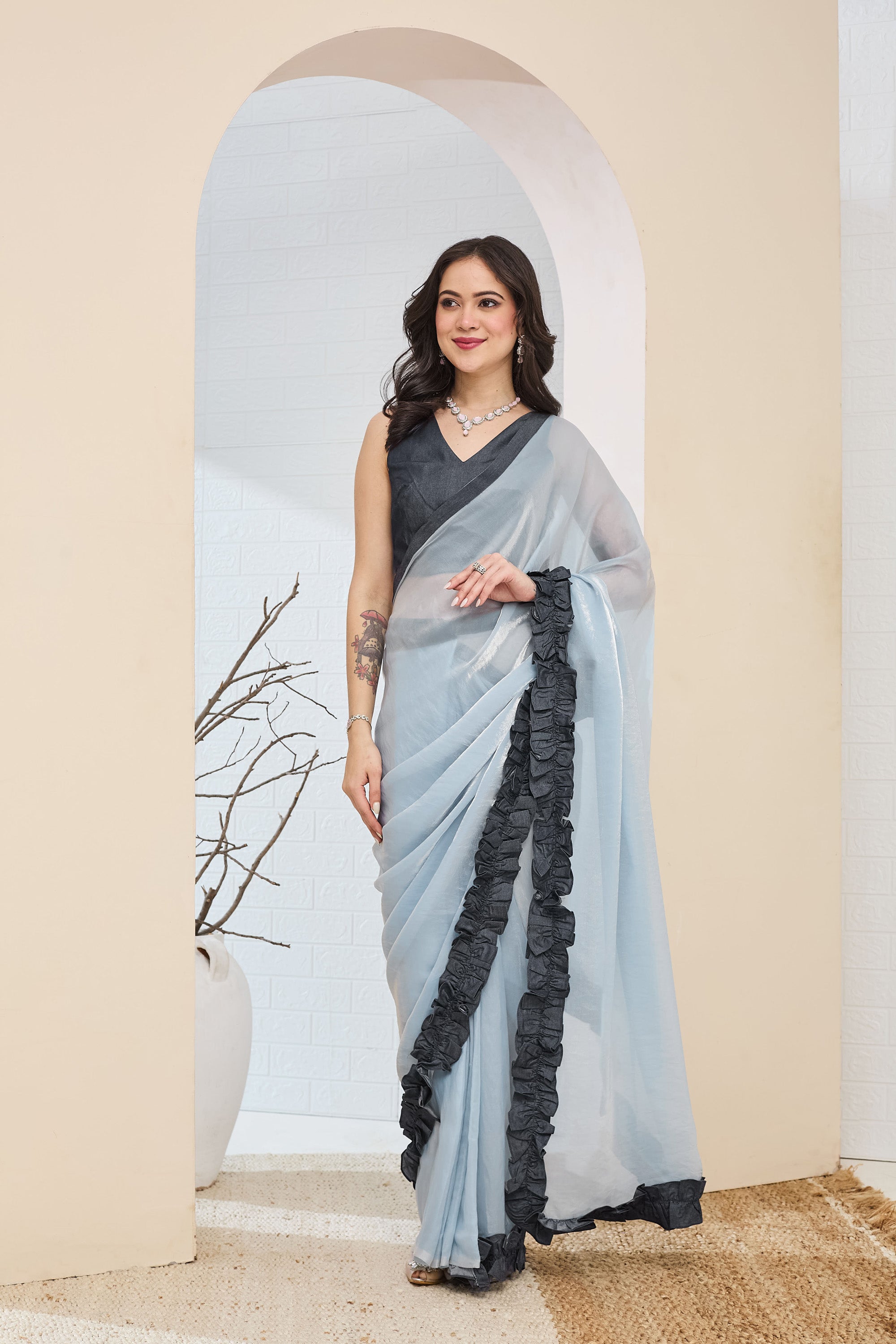 Sky Blue Silk Blend Ready To Wear Saree