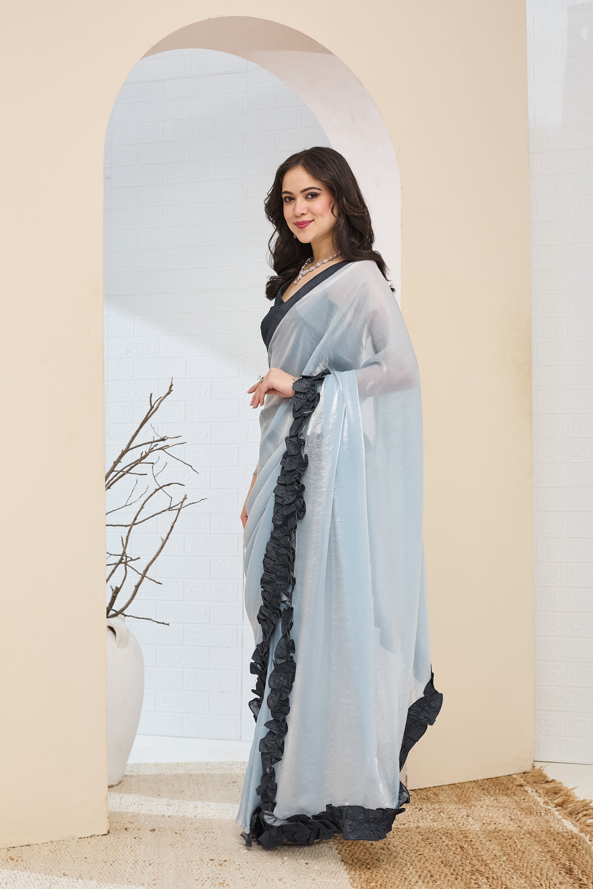 Sky Blue Silk Blend Ready To Wear Saree