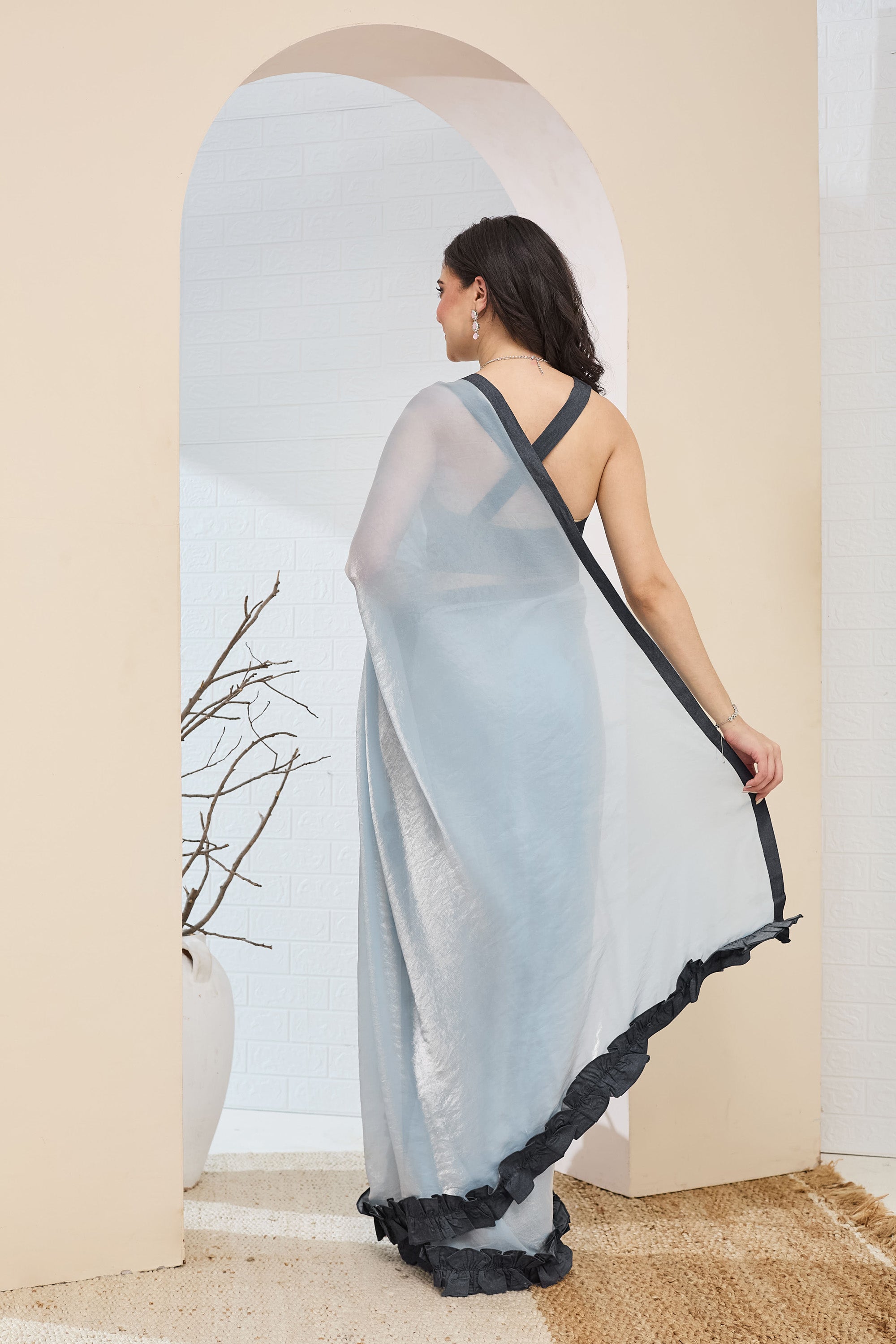 Sky Blue Silk Blend Ready To Wear Saree