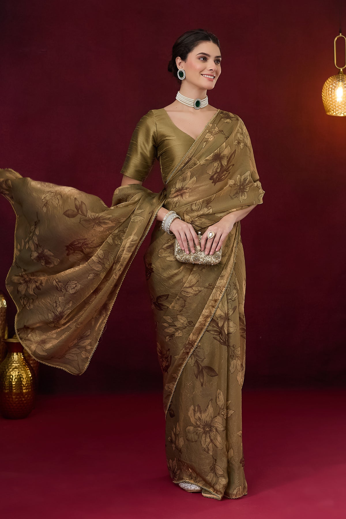 Olive Green Floral Printed Satin Ready to Wear Saree