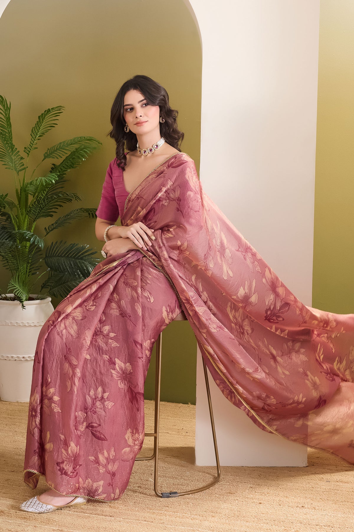 Pink Color Floral Printed Satin Ready to Wear Saree