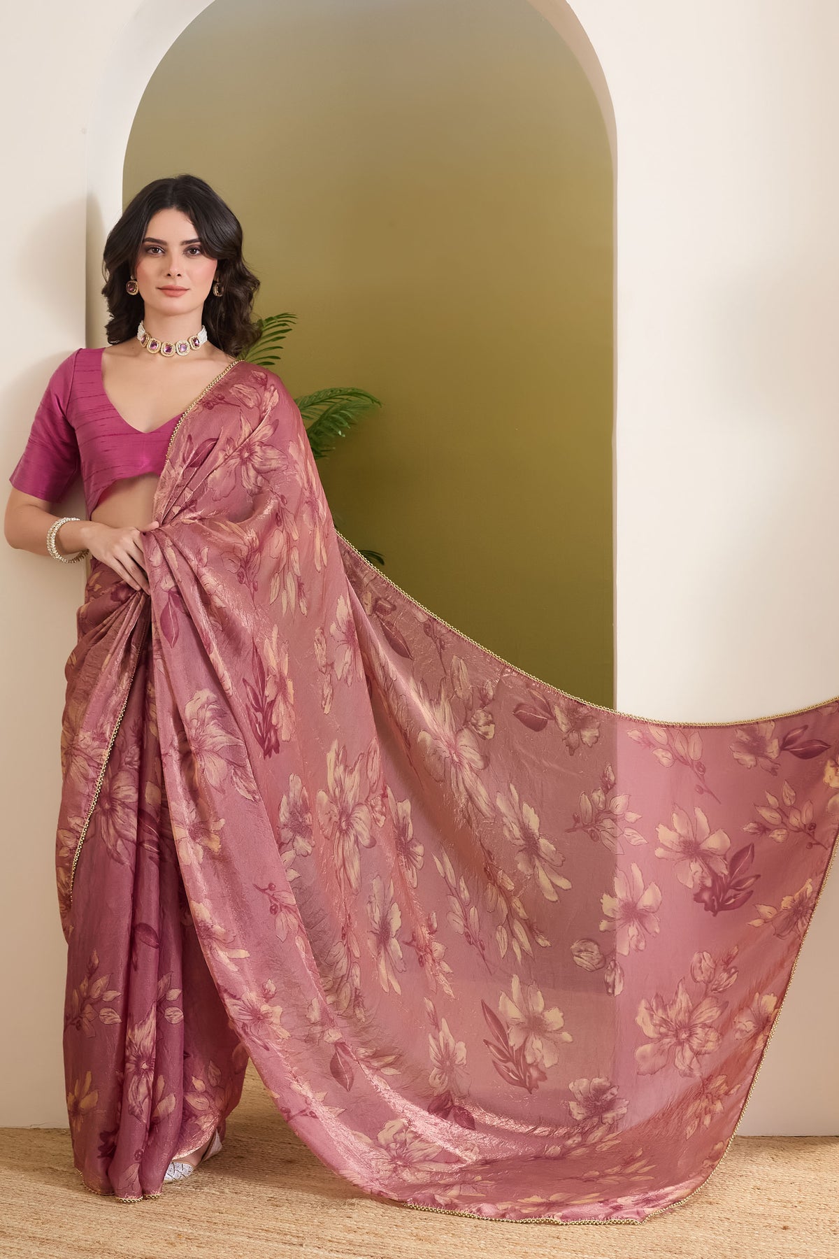 Pink Color Floral Printed Satin Ready to Wear Saree