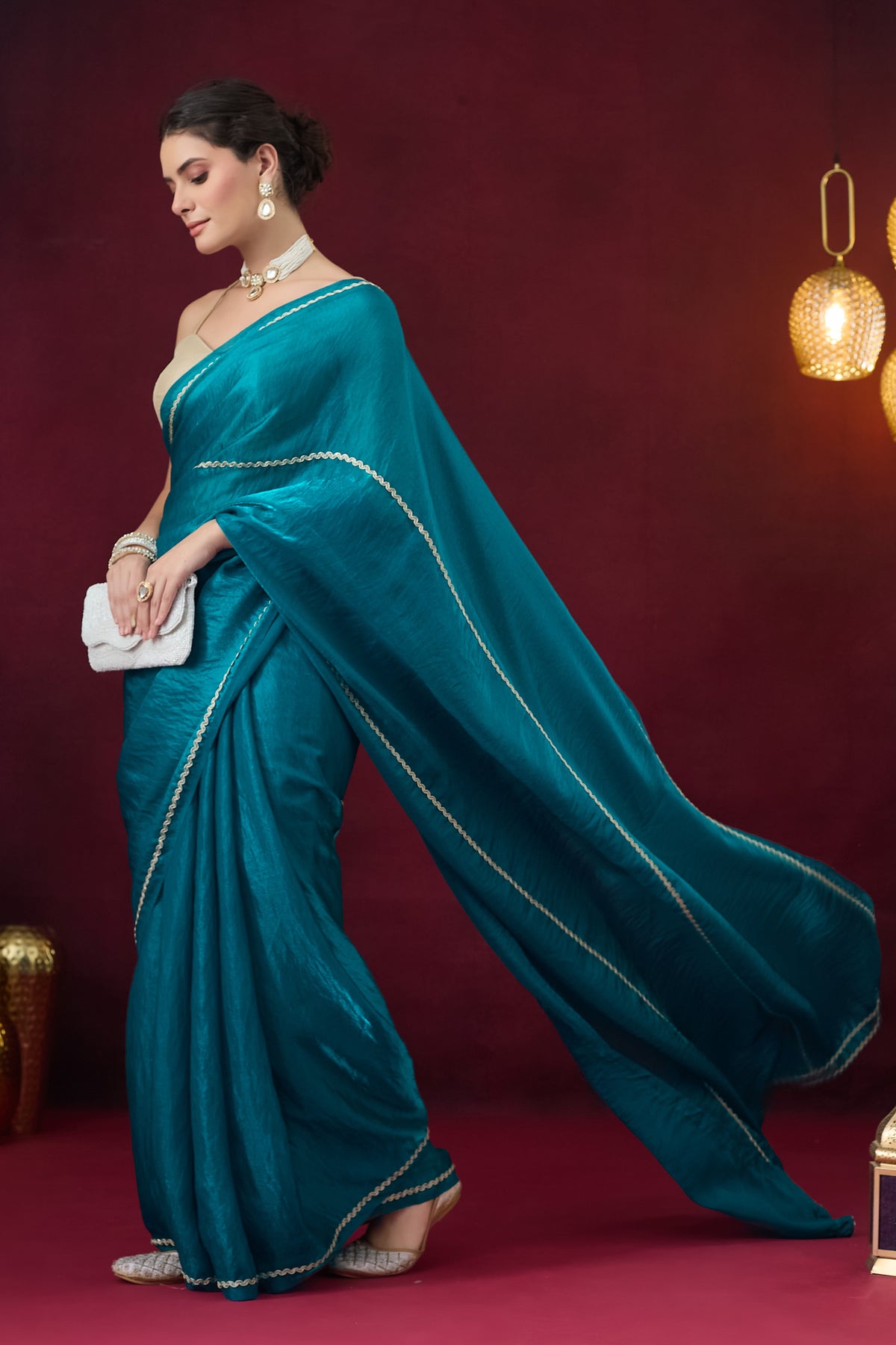 Teal Solid Satin Ready to Wear Saree