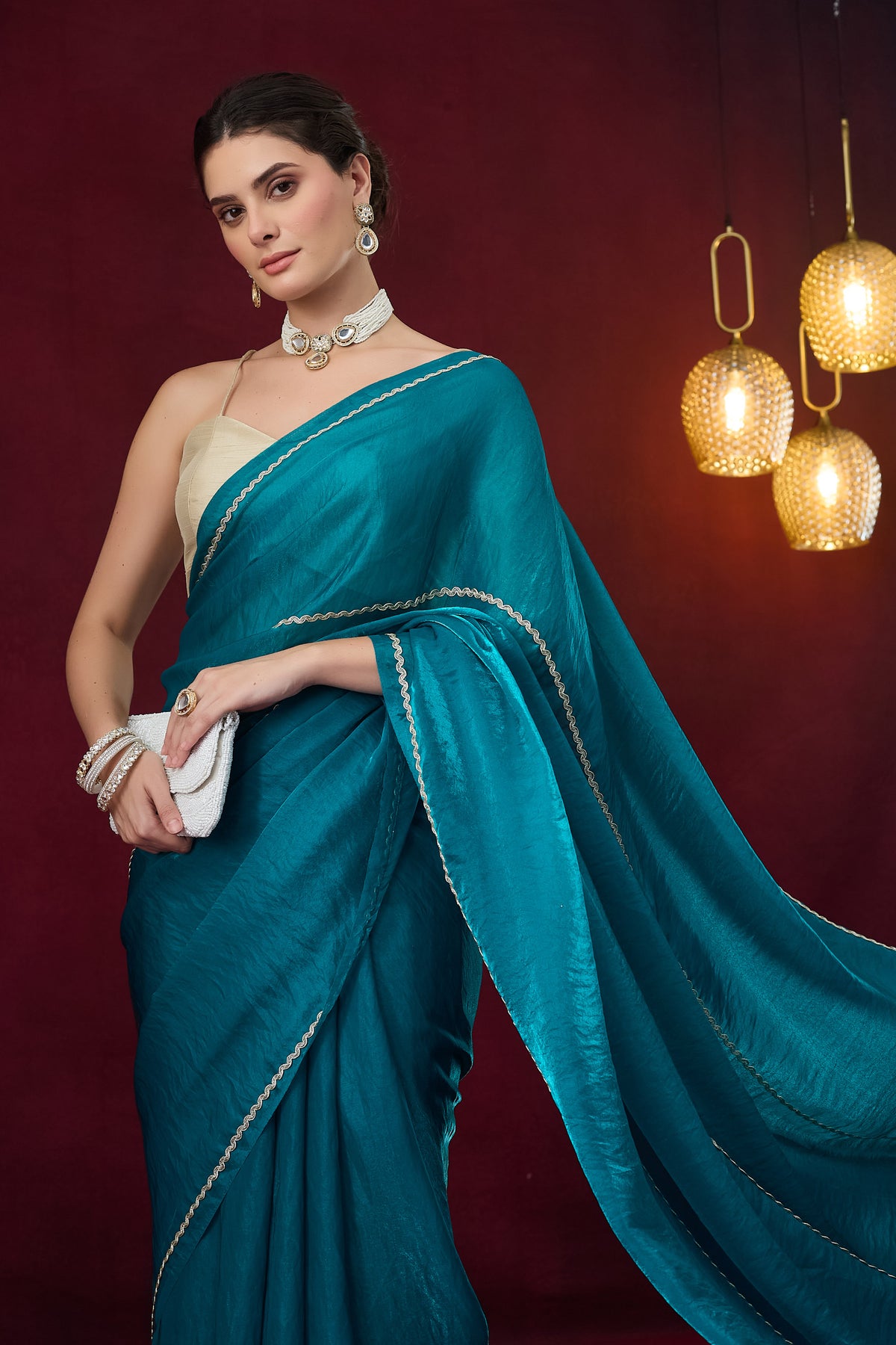 Teal Solid Satin Ready to Wear Saree