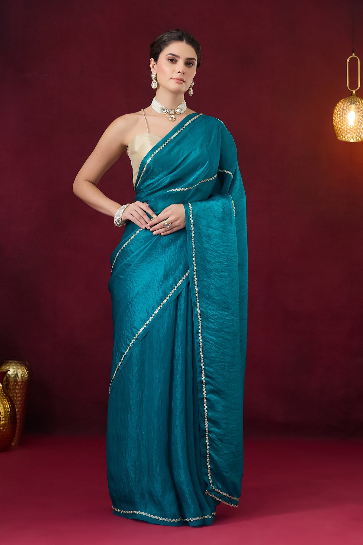 Teal Solid Satin Ready to Wear Saree