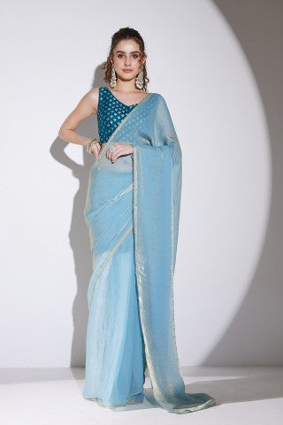 Turquoise Blue Solid Tissue Ready to Wear Saree