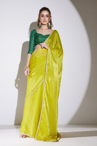 Lime Green Solid Tissue Ready to Wear Party Wear Saree