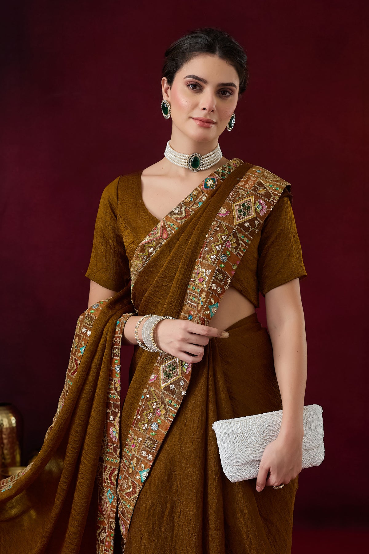 Brown Color Solid Printed Silk Blend Party Wear Saree