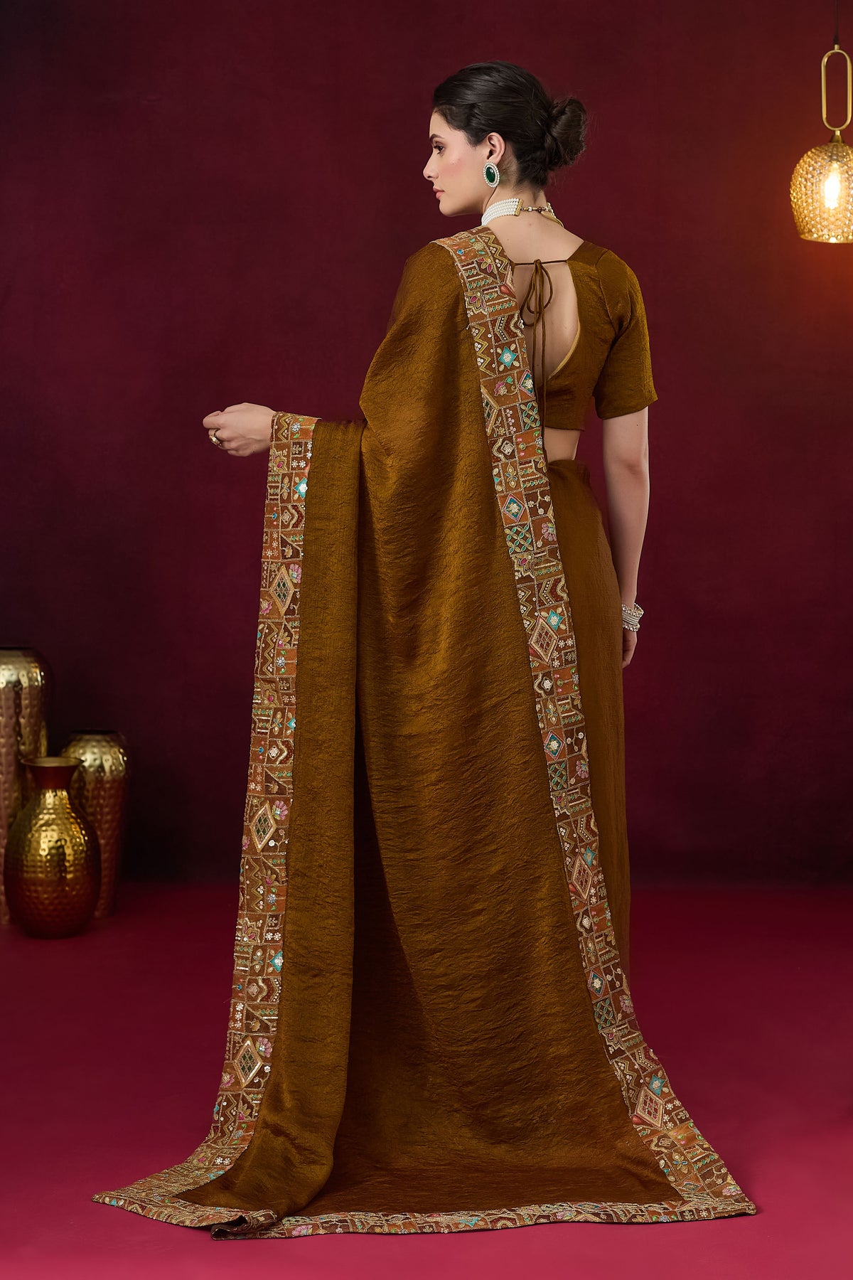 Brown Color Solid Printed Silk Blend Party Wear Saree