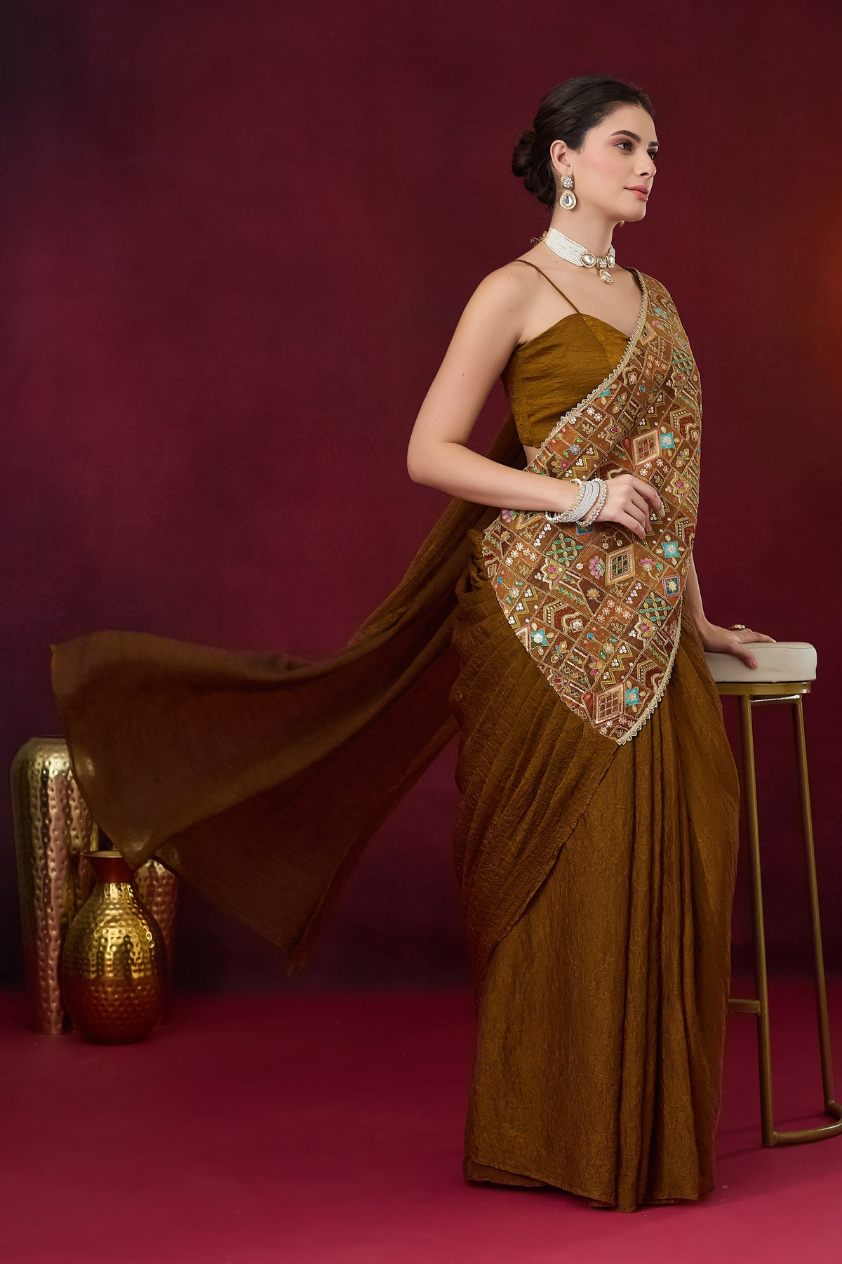 Brown Geometric Embroidered Art Silk Ready to Wear Saree